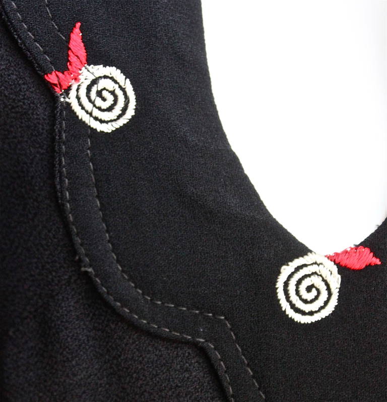 1960's OSSIE CLARK black moss crepe dress with keyhole neck and embroidery In Excellent Condition In San Fransisco, CA
