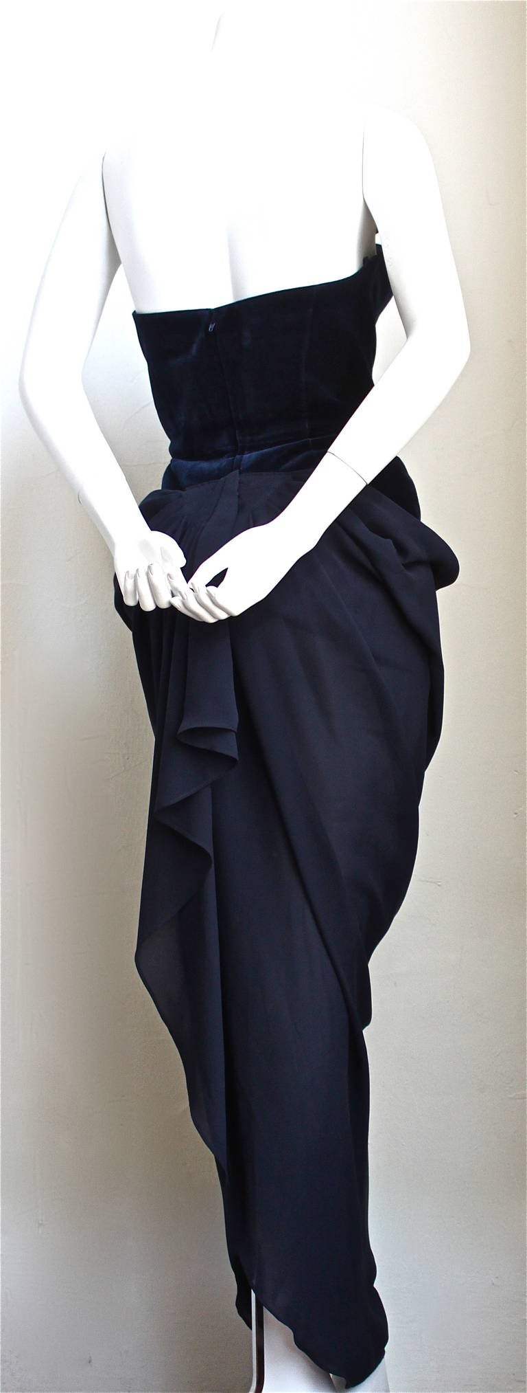 1992 THIERRY MUGLER midnight blue velvet gown with georgette bustle In Excellent Condition In San Fransisco, CA