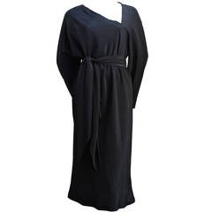 1975 HALSTON asymmetrical cut black crepe dress with sash