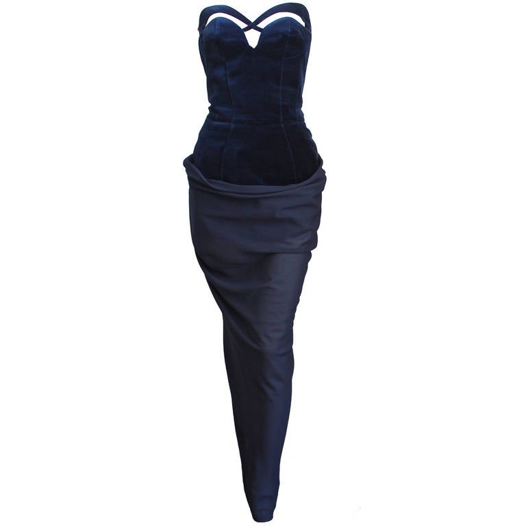 1992 THIERRY MUGLER midnight blue velvet gown with georgette bustle at ...