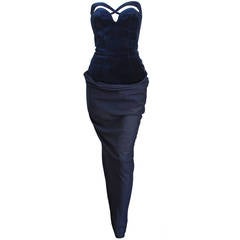 1992 THIERRY MUGLER midnight blue velvet gown with georgette bustle