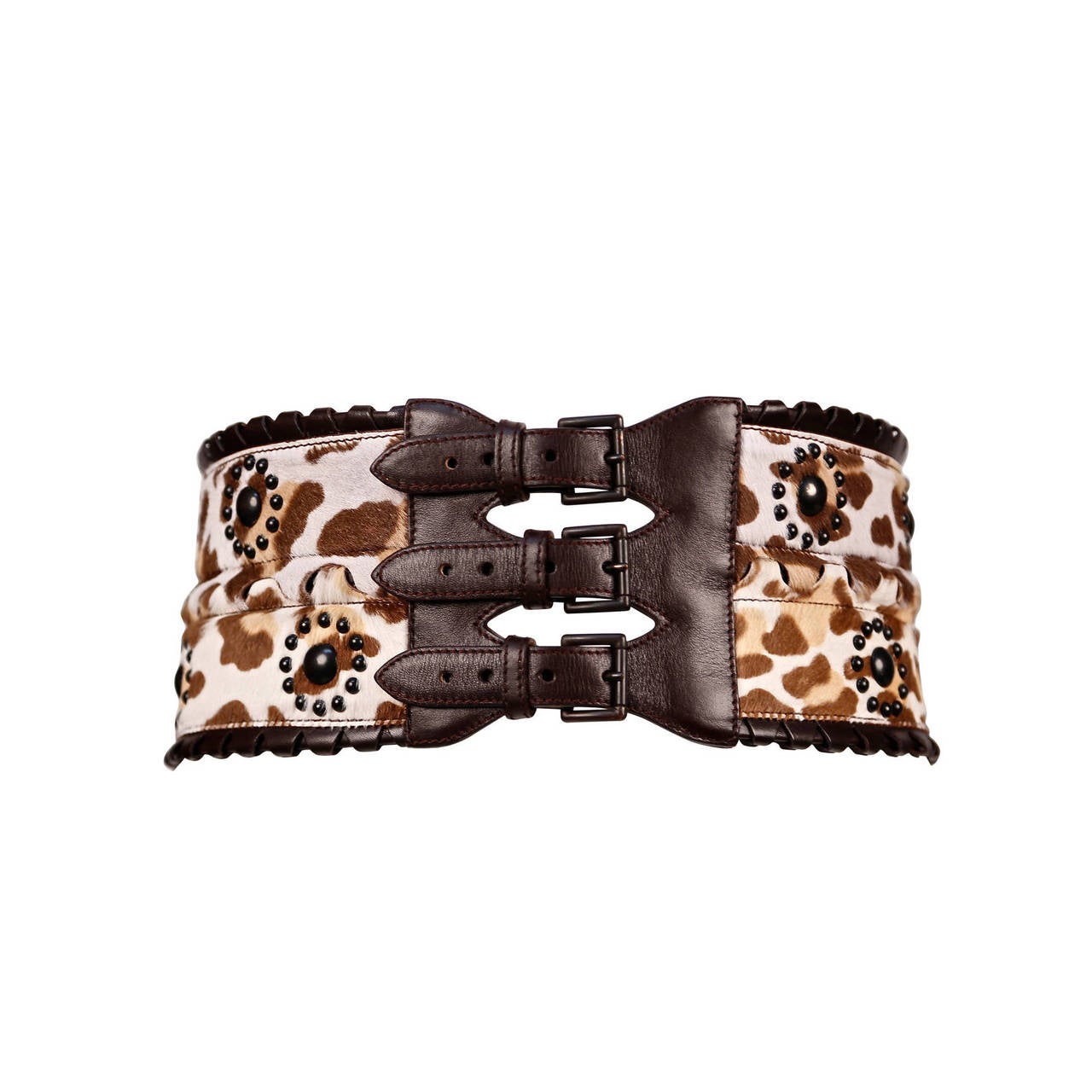 AZZEDINE ALAIA leopard pony hair corset belt with brown leather trim & studs