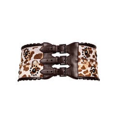 AZZEDINE ALAIA leopard pony hair corset belt with brown leather trim & studs