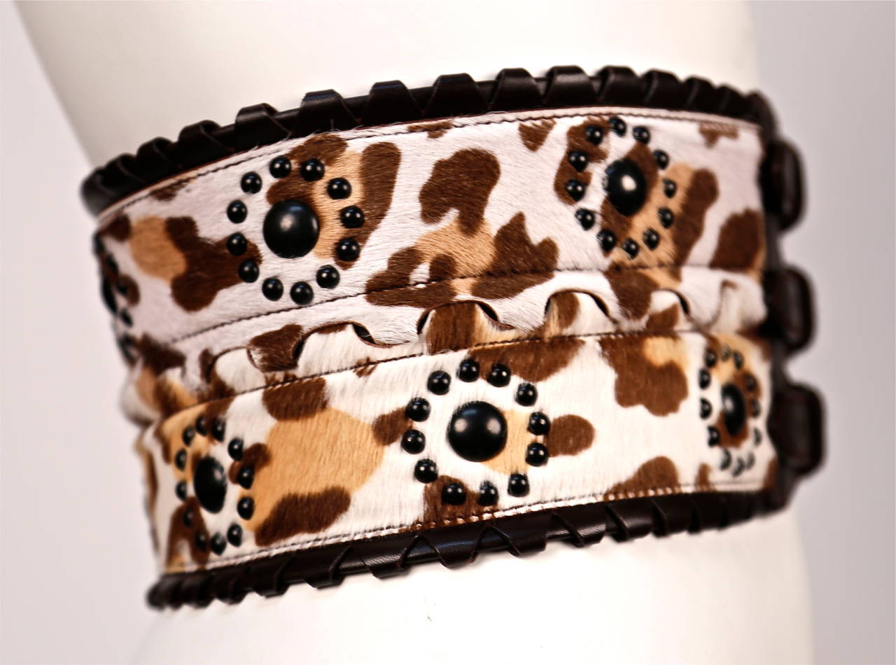 AZZEDINE ALAIA leopard pony hair corset belt with brown leather trim & studs In Excellent Condition In San Fransisco, CA