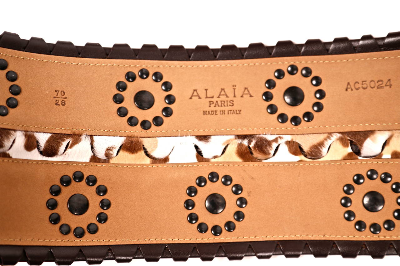 AZZEDINE ALAIA leopard pony hair corset belt with brown leather trim & studs 1