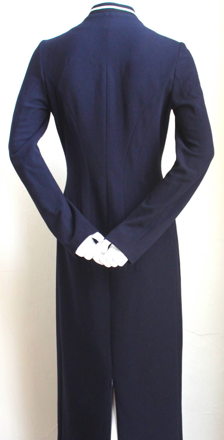 2001 YOHJI YAMAMOTO navy blue seamed wool runway dress with striped collar In Excellent Condition In San Fransisco, CA