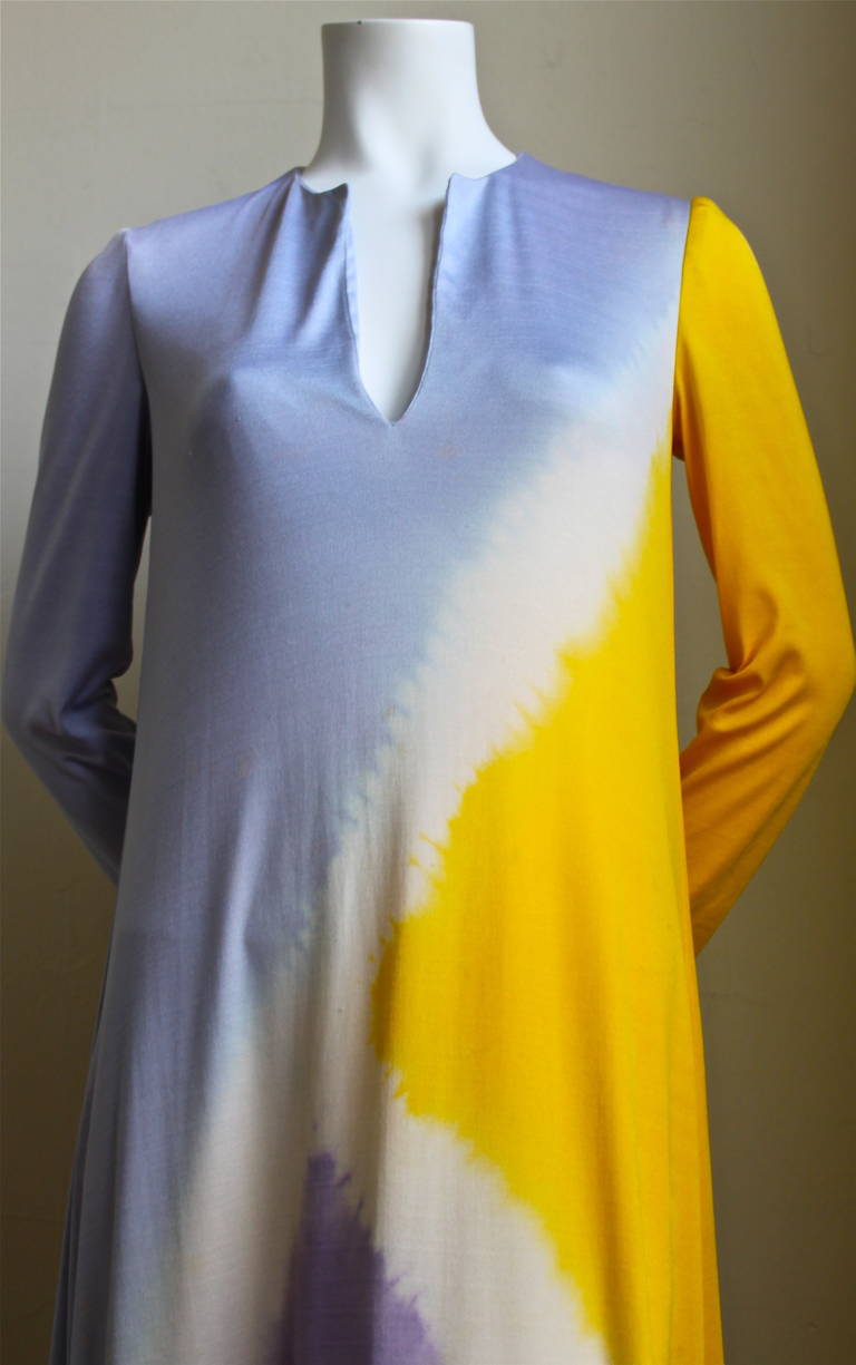 Very rare tie-dyed jersey caftan made by Halston dating to the spring of 1972. Exact style dress as photographed on Anjelica Huston. There is no sized indicated however this caftan will accommodate many sizes due to the cut. Approximate unstretched