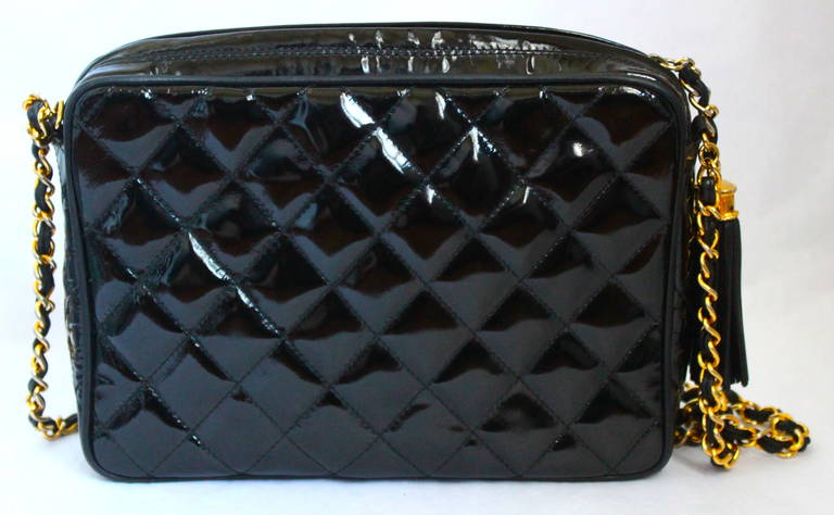 1980's CHANEL black patent leather quilted bag with gilt chain & tassel