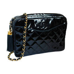 1980's CHANEL black patent leather quilted bag with gilt chain & tassel