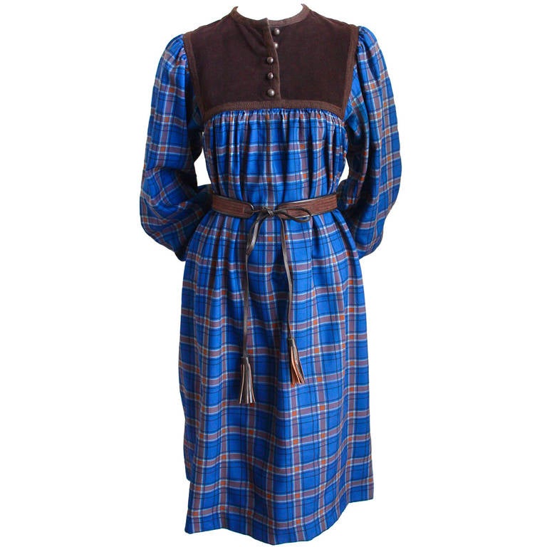 1970's YVES SAINT LAURENT plaid peasant dress