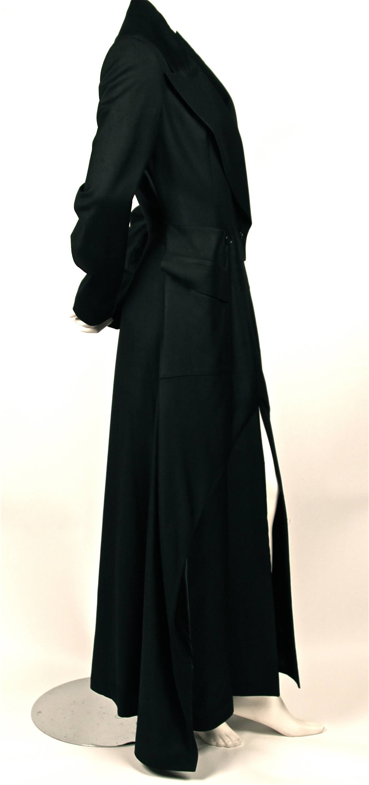 Women's rare 1990's ALEXANDER MCQUEEN black floor length evening coat with draped sides