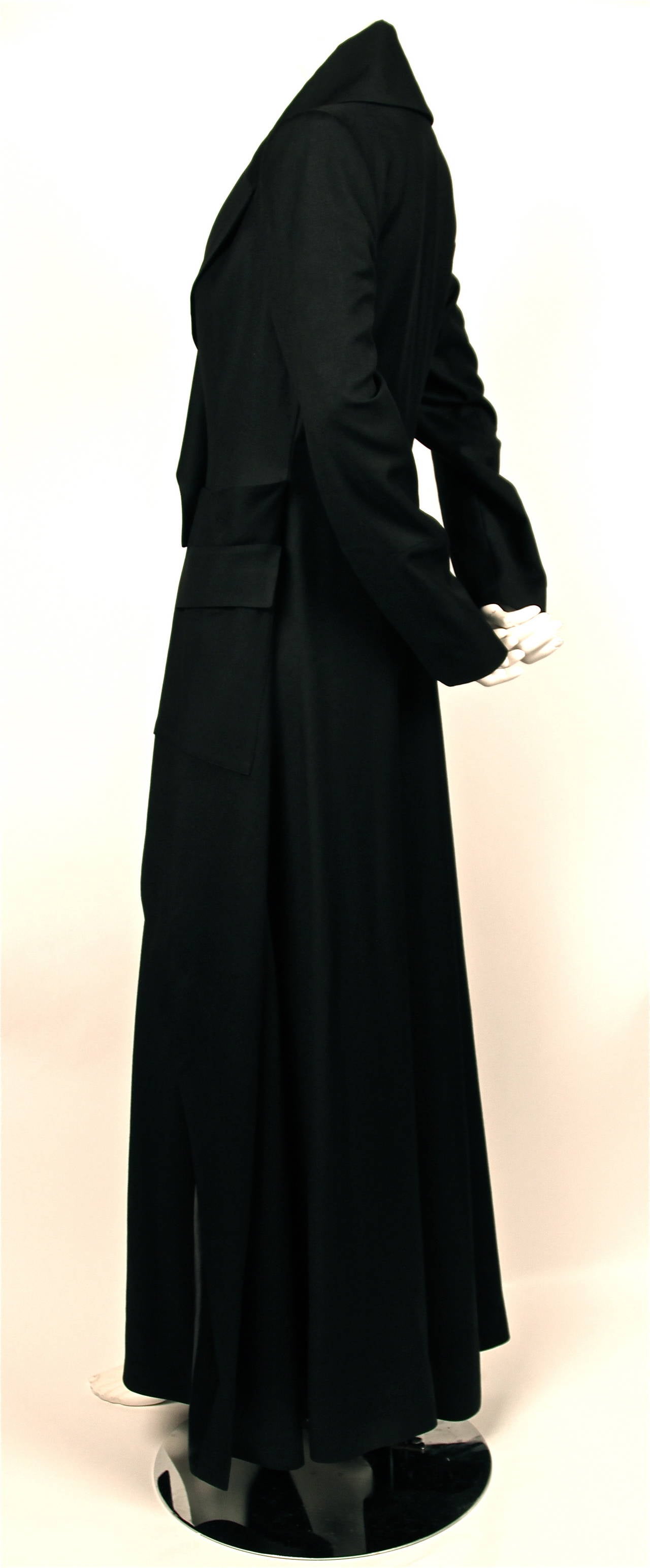 rare 1990's ALEXANDER MCQUEEN black floor length evening coat with draped sides In Excellent Condition In San Fransisco, CA