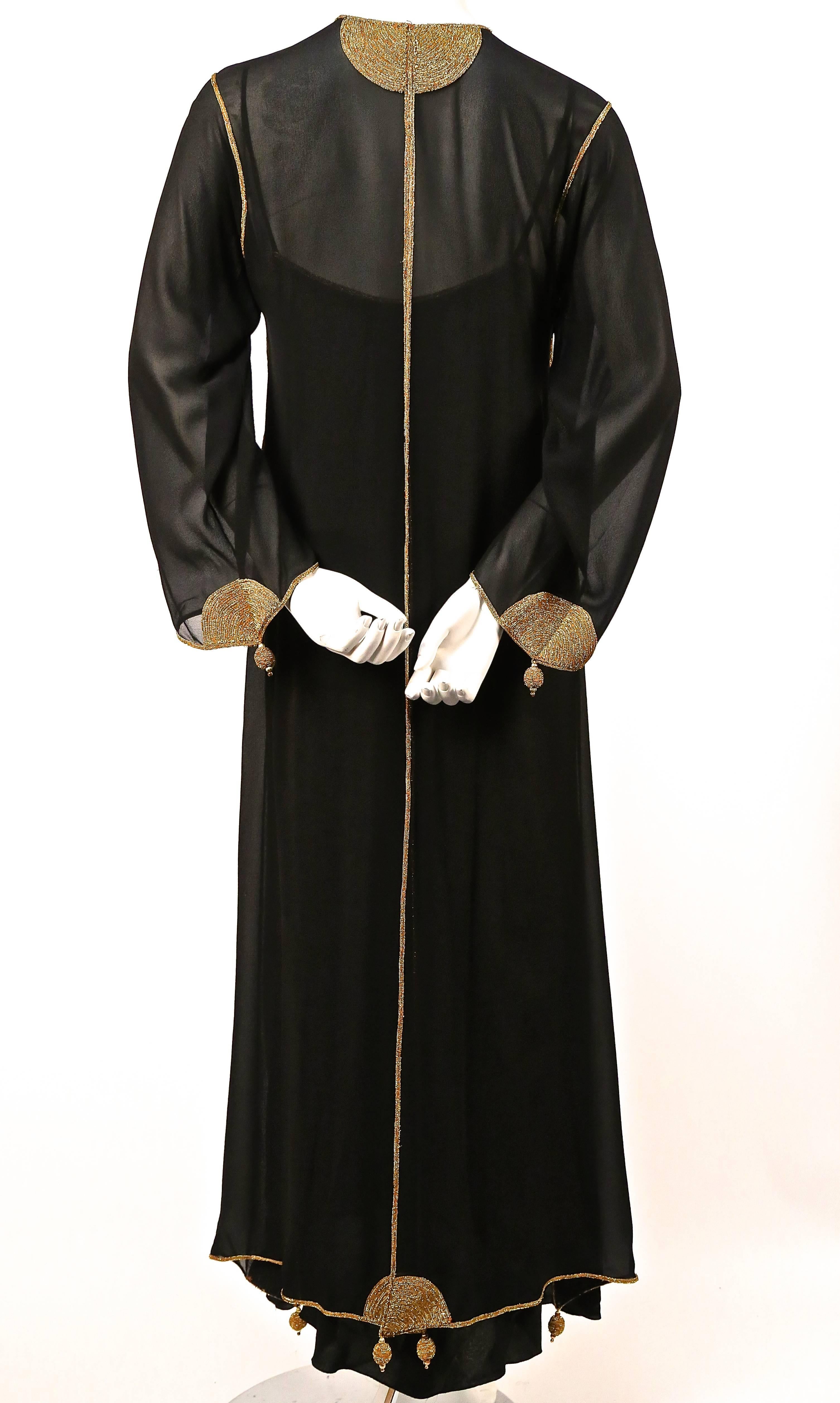1970's KARL LAGERFELD for CHLOE black dress and kaftan jacket with gold trim In Good Condition In San Fransisco, CA