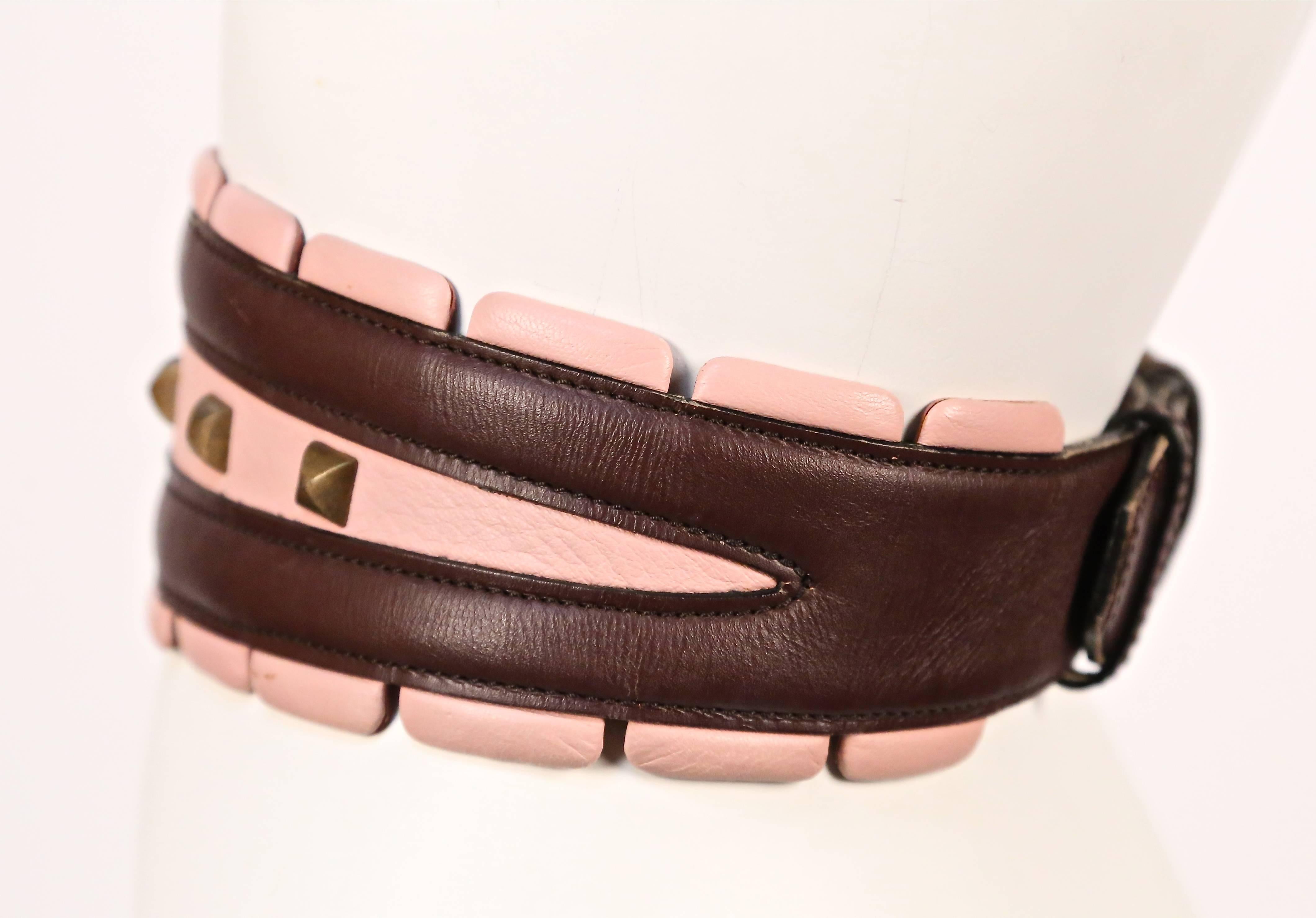 Black 1990's AZZEDINE ALAIA burgundy and pink leather belt with silver pyramid studs