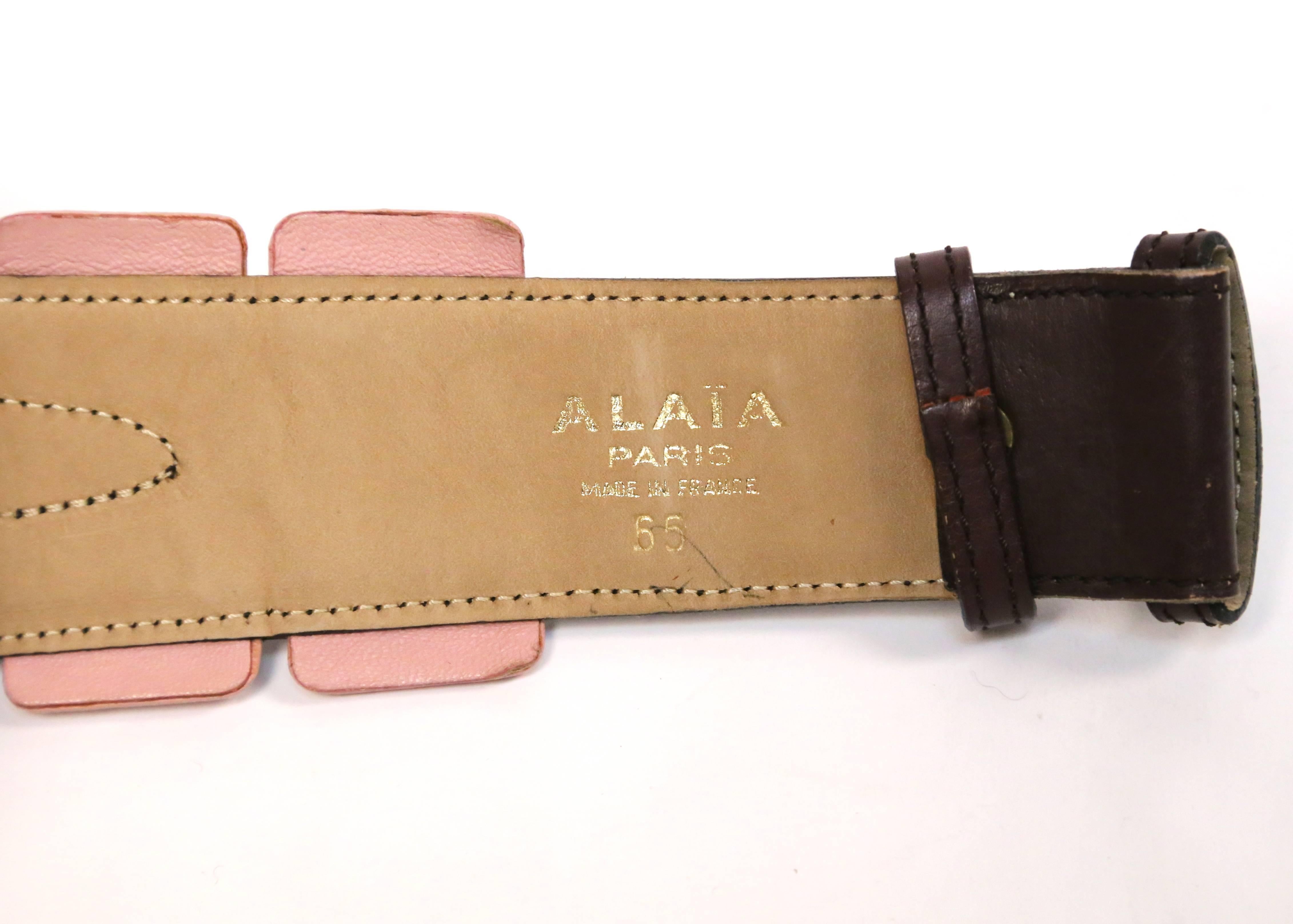 Women's 1990's AZZEDINE ALAIA burgundy and pink leather belt with silver pyramid studs