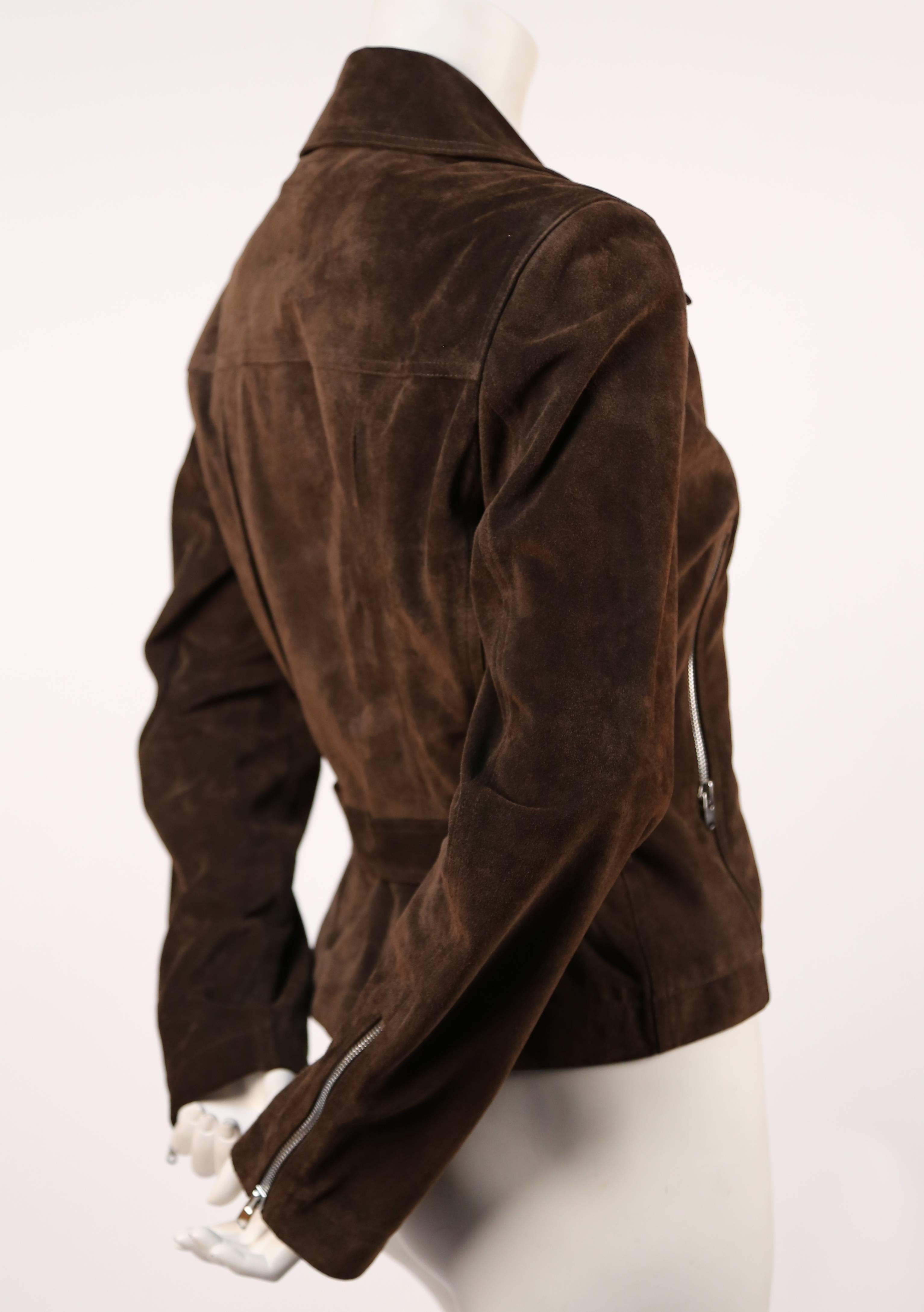 Rich chocolate brown suede motorcycle jacket with silver hardware and lace up detail at back from Azzedine Alaia. French size 40, although this jacket runs small and would best fit a FR 38. Approximate measurements: shoulders 15.5