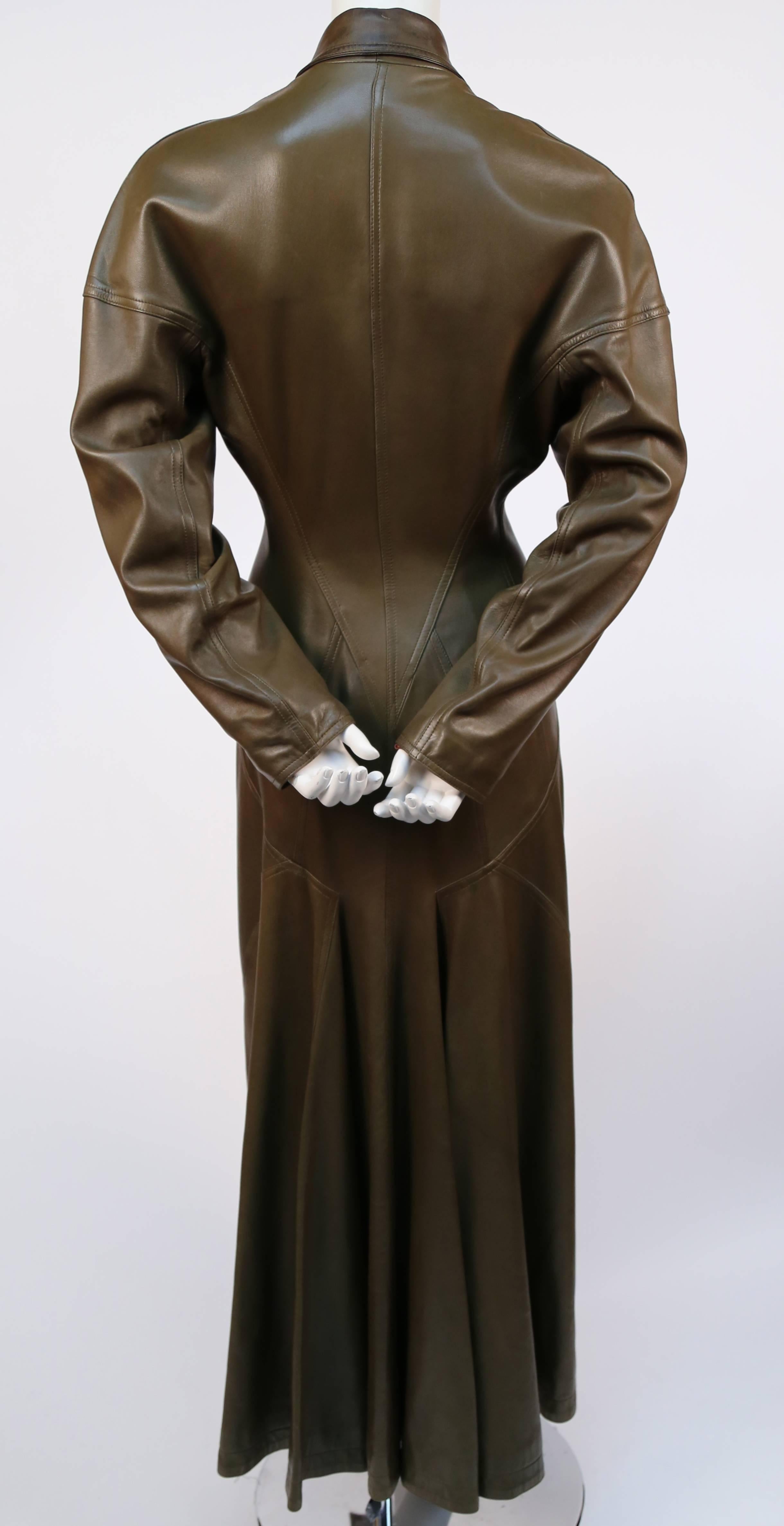 1980's AZZEDINE ALAIA olive leather full length coat In Good Condition In San Fransisco, CA