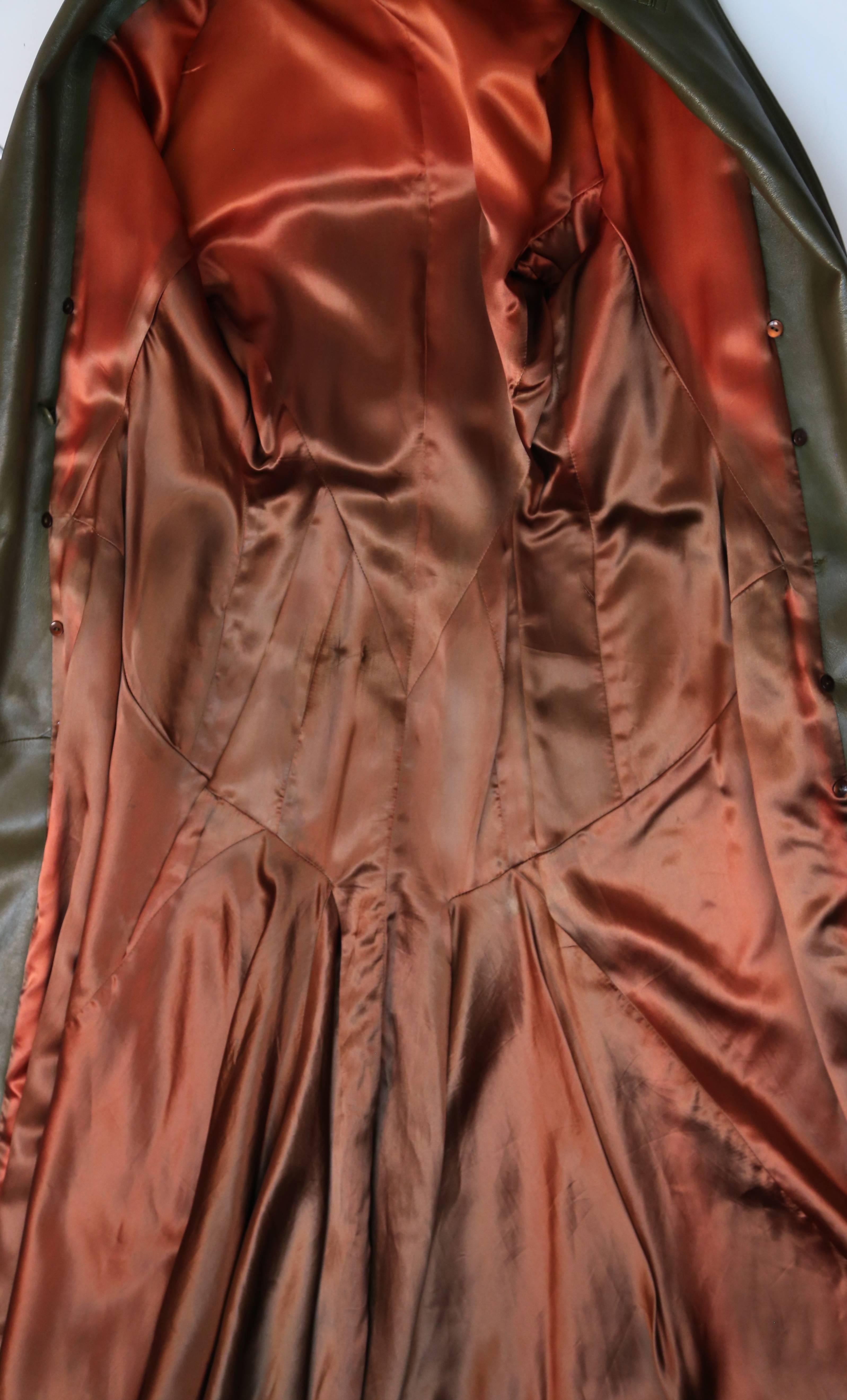 Women's or Men's 1980's AZZEDINE ALAIA olive leather full length coat