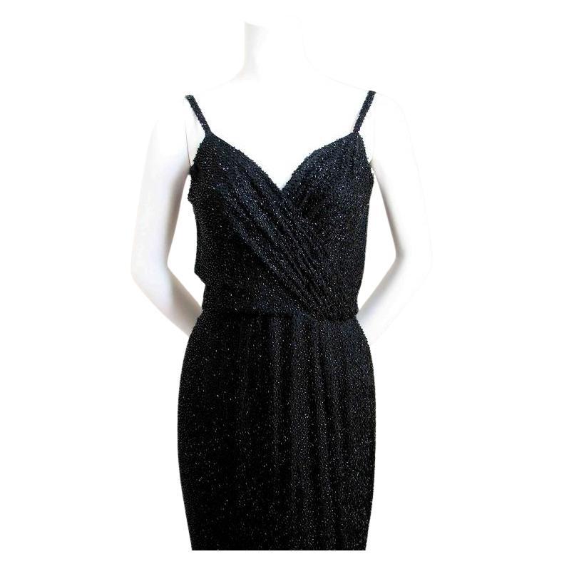 Black 1960's CEIL CHAPMAN long black beaded gown For Sale