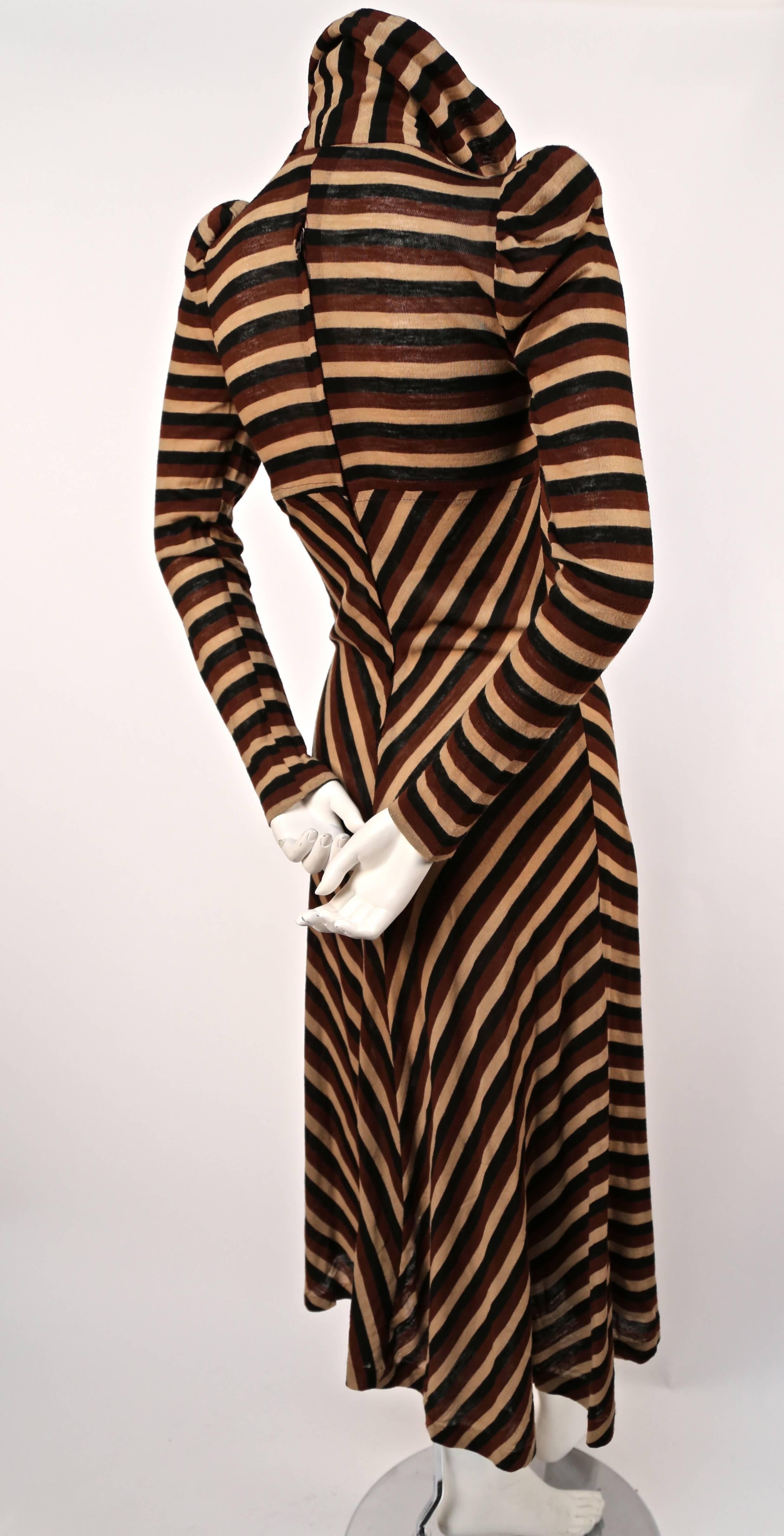 Black 1970's BIBA metallic chevron striped dress with cowl neck 