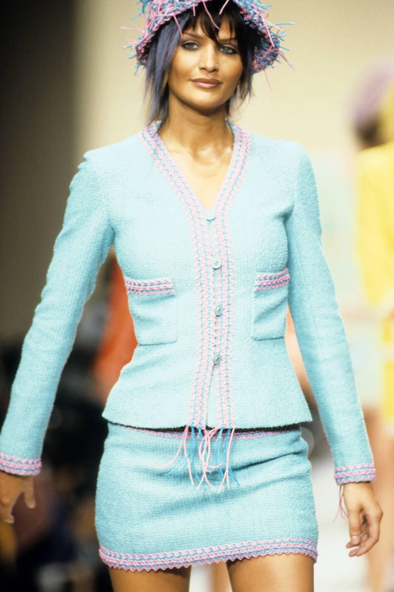 Women's or Men's 1994 CHANEL turquoise boucle runway 'Scoubidou' suit with braided trim