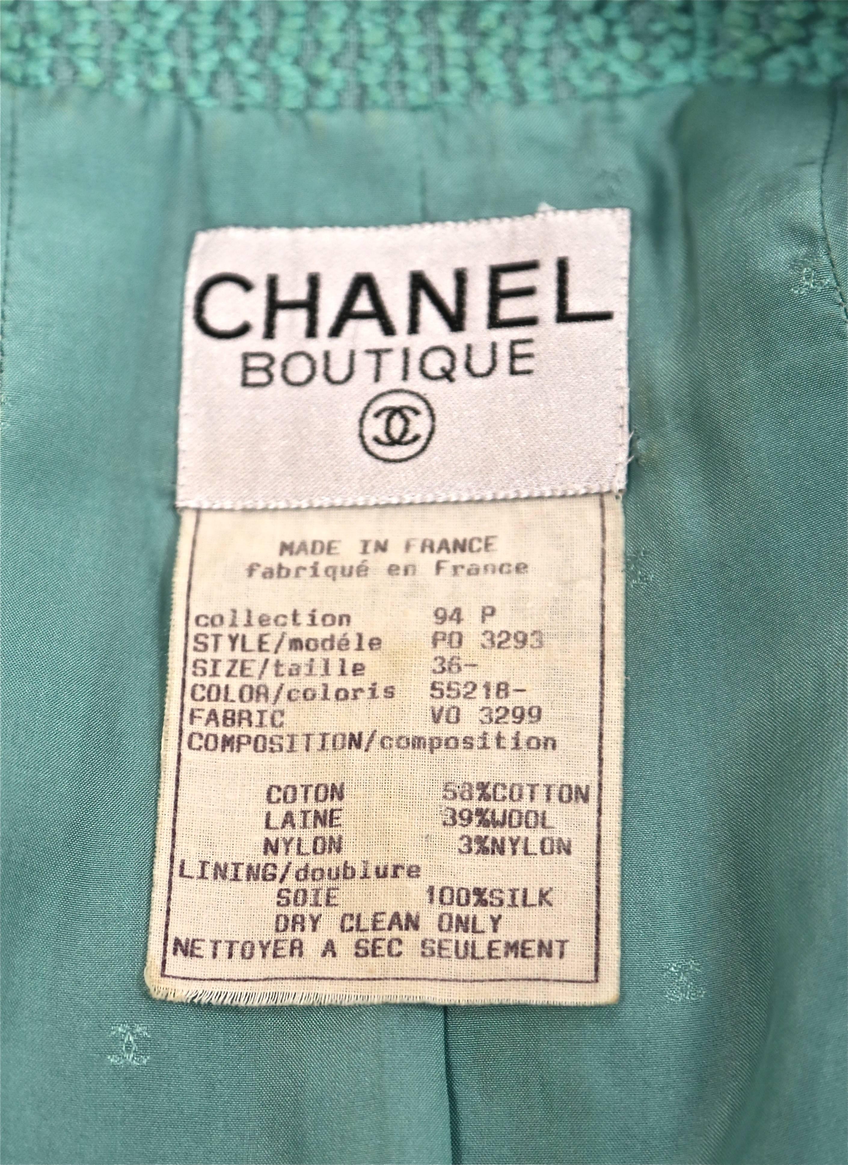 1994 CHANEL turquoise boucle runway 'Scoubidou' suit with braided trim 1