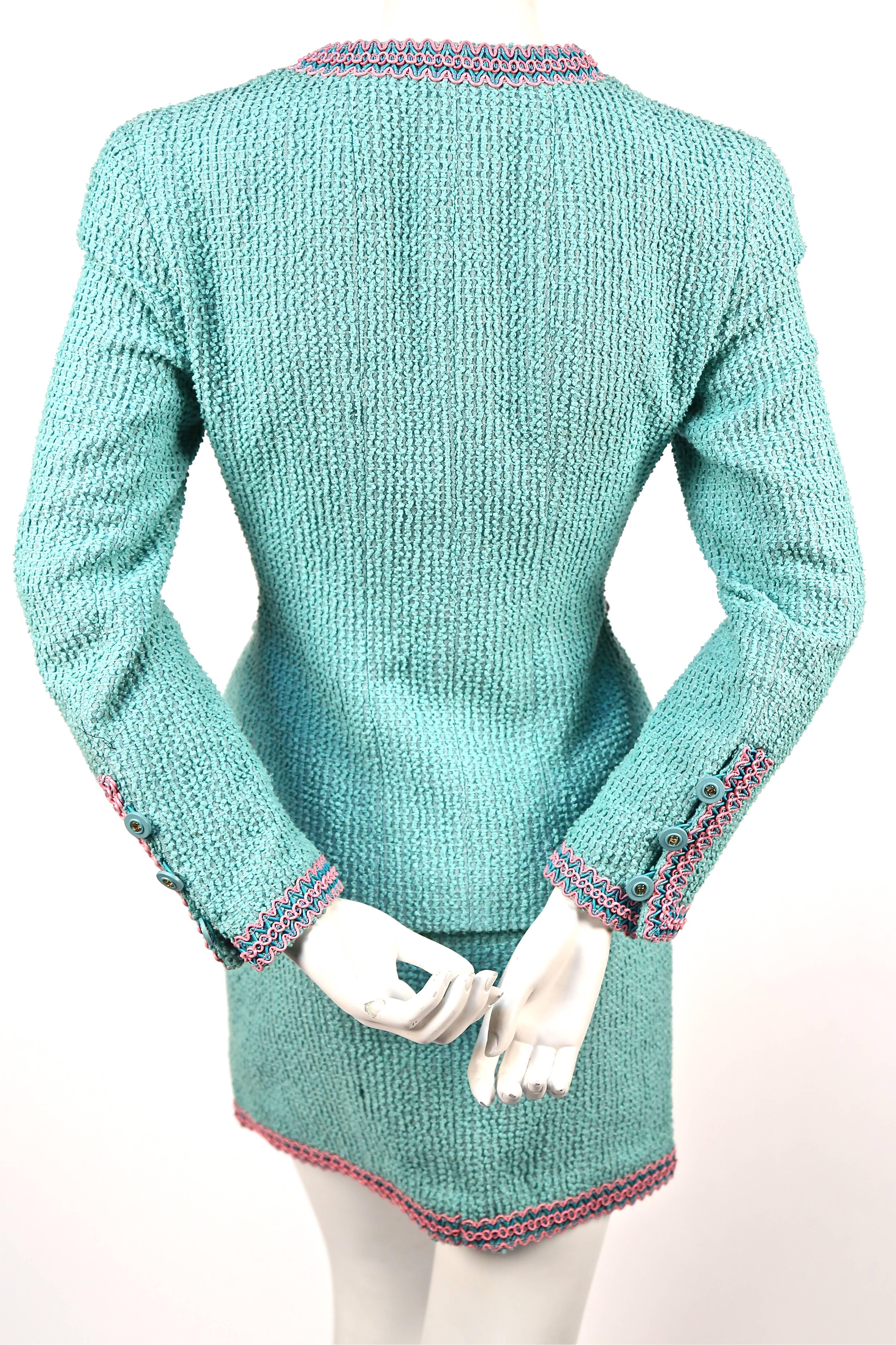 Blue 1994 CHANEL turquoise boucle runway 'Scoubidou' suit with braided trim