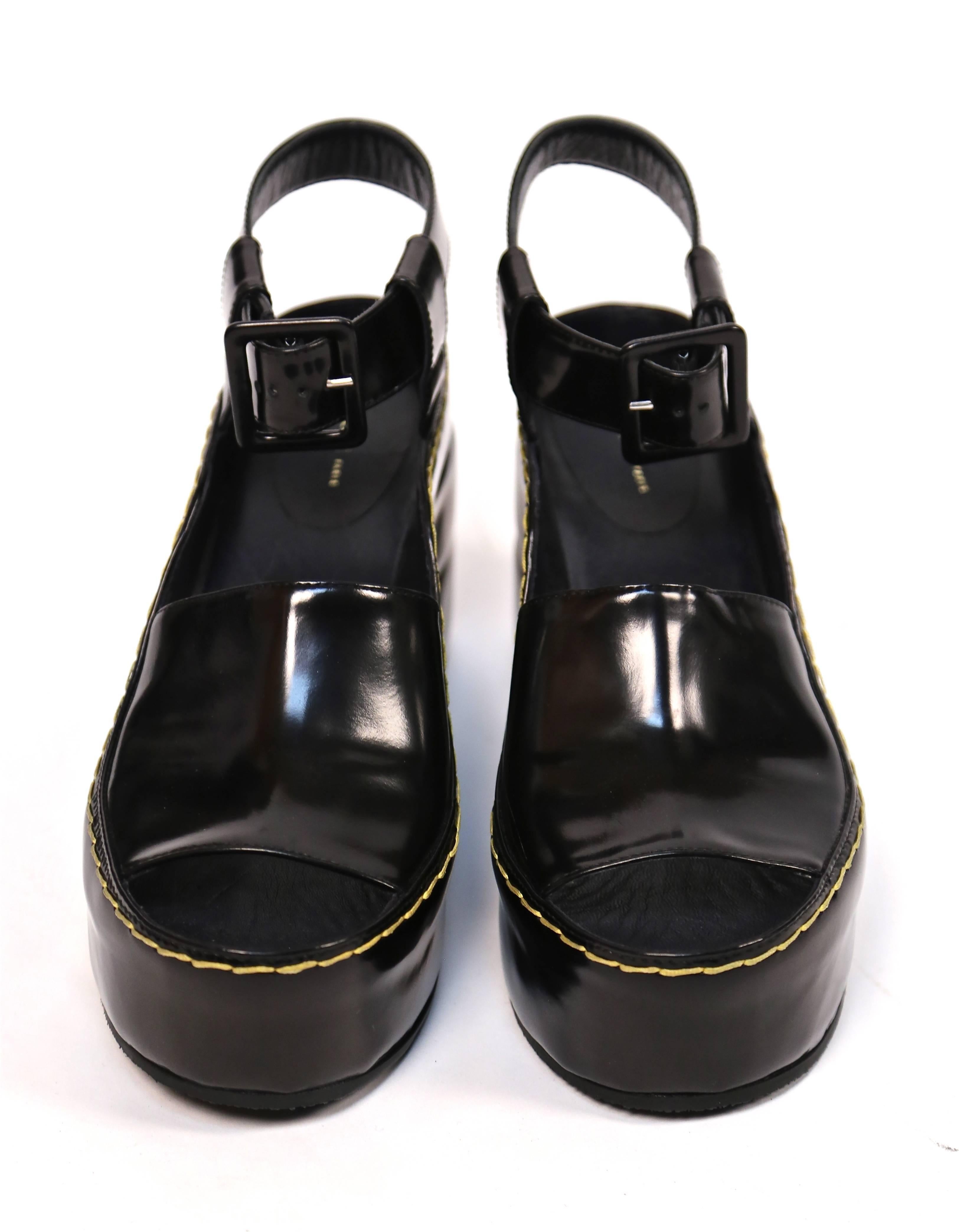 CELINE spazzolato leather wedges with yellow top-stitching - runway 2014 In New Condition In San Fransisco, CA