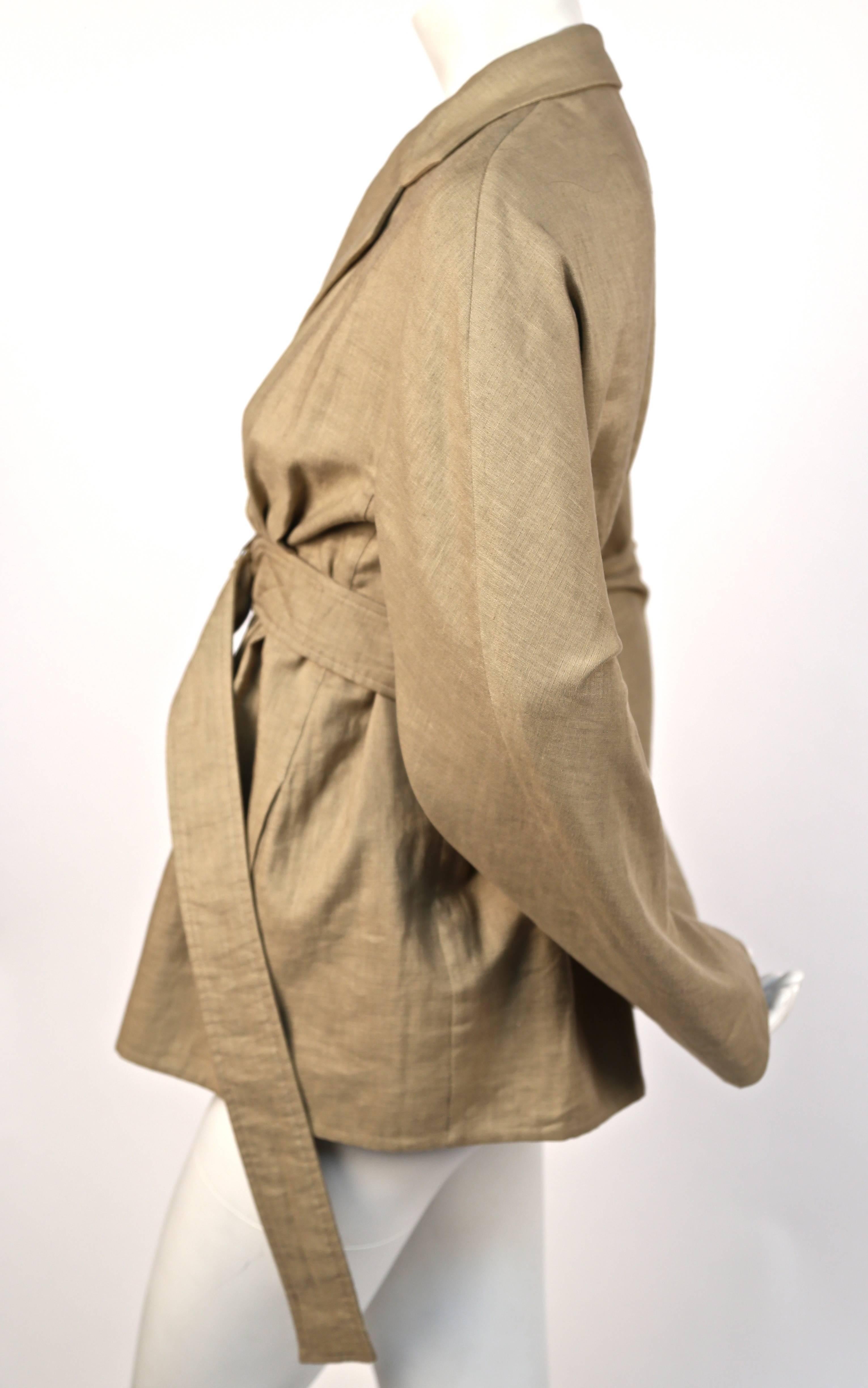 Tan linen jacket with high waist belt designed by Phoebe Philo for Celine dating to resort of 2014. Looks great layered. French size 36. Approximate length 28