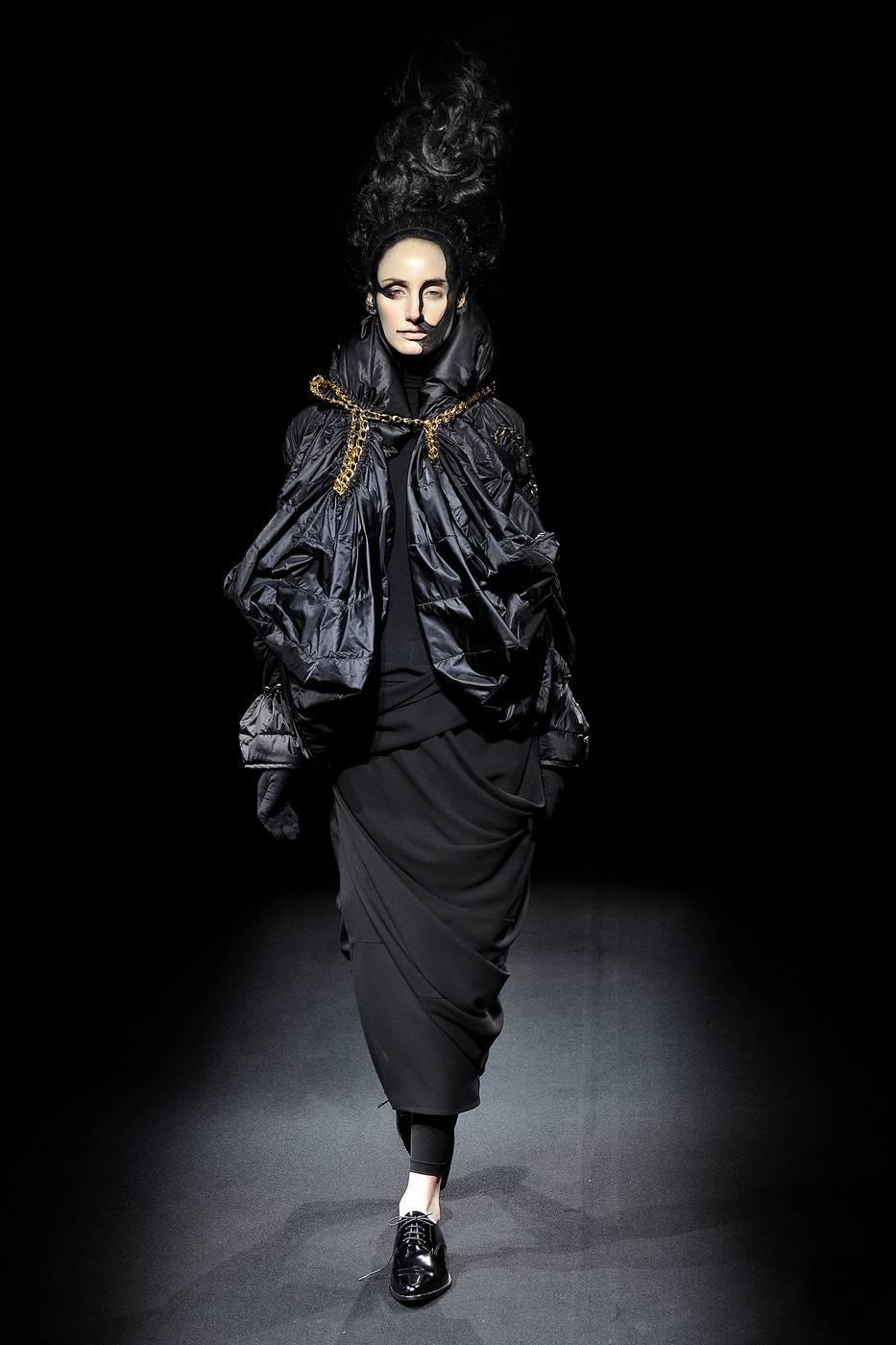Women's or Men's JUNYA WATANABE black draped puffer coat with gold chain trim - runway 2009