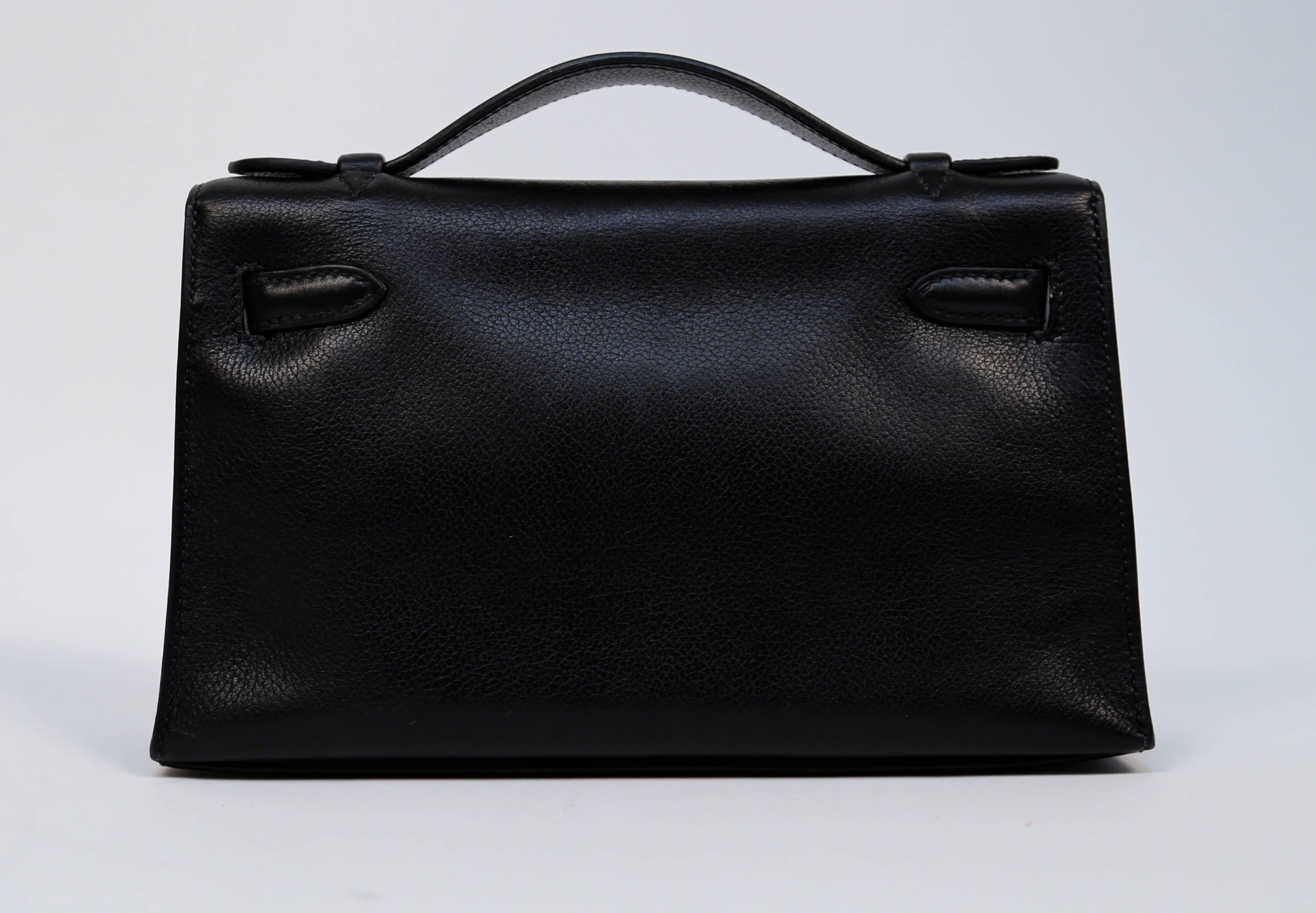 Hermes Kelly Pochette Clutch in black evergrain leather with ruthenium hardware 2