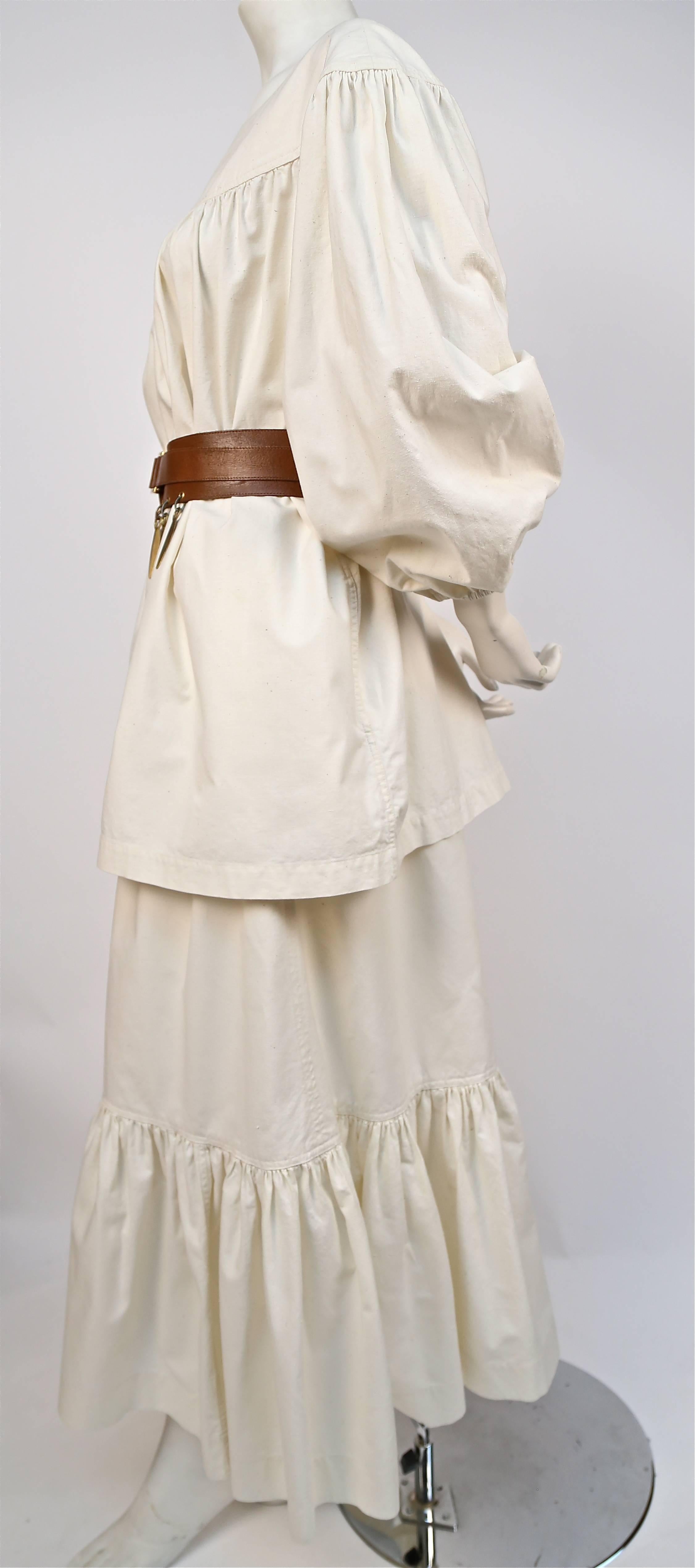 Beige 1970's YVES SAINT LAURENT cream cotton muslin peasant top and skirt