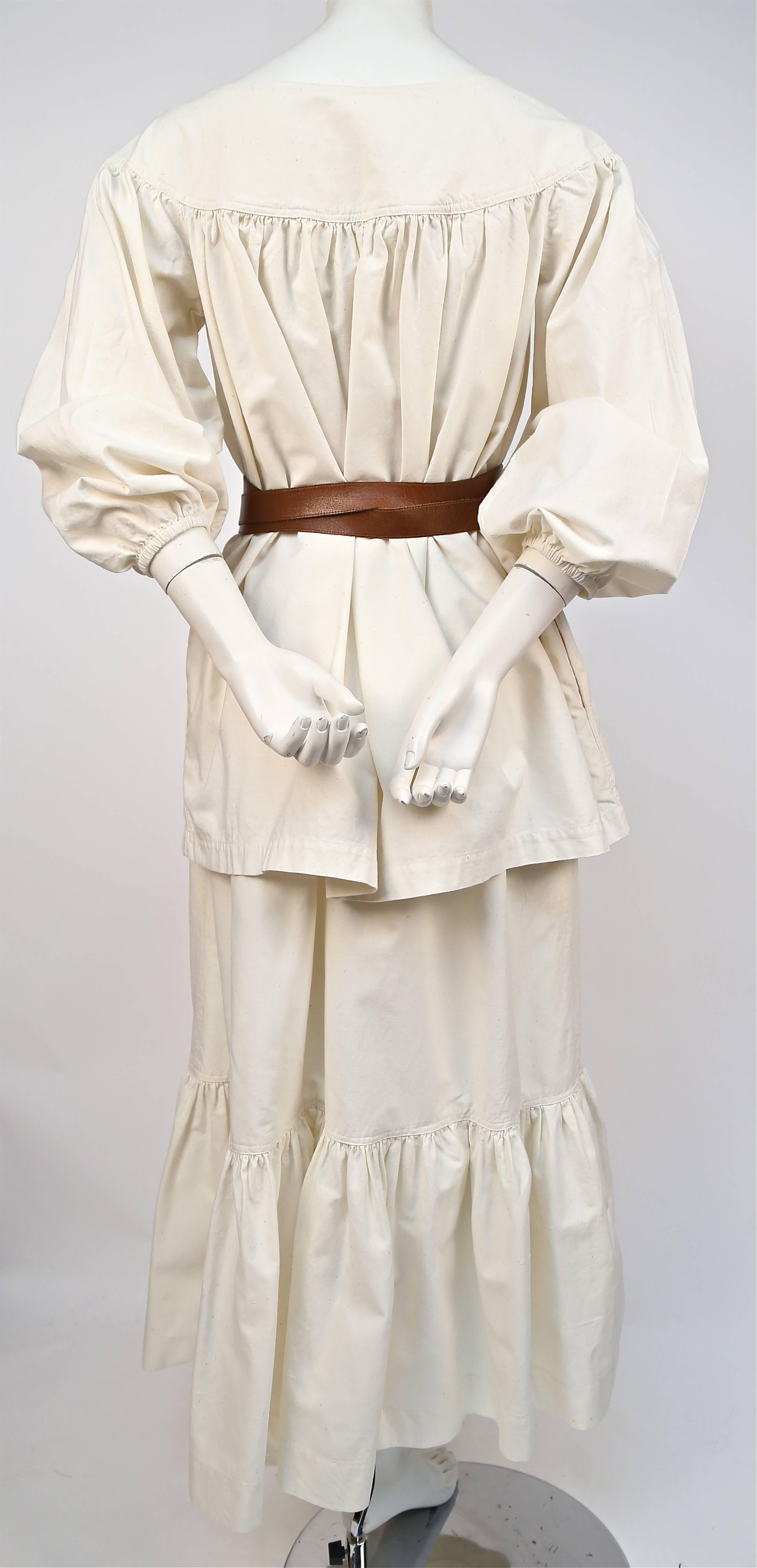 1970's YVES SAINT LAURENT cream cotton muslin peasant top and skirt In Good Condition In San Fransisco, CA