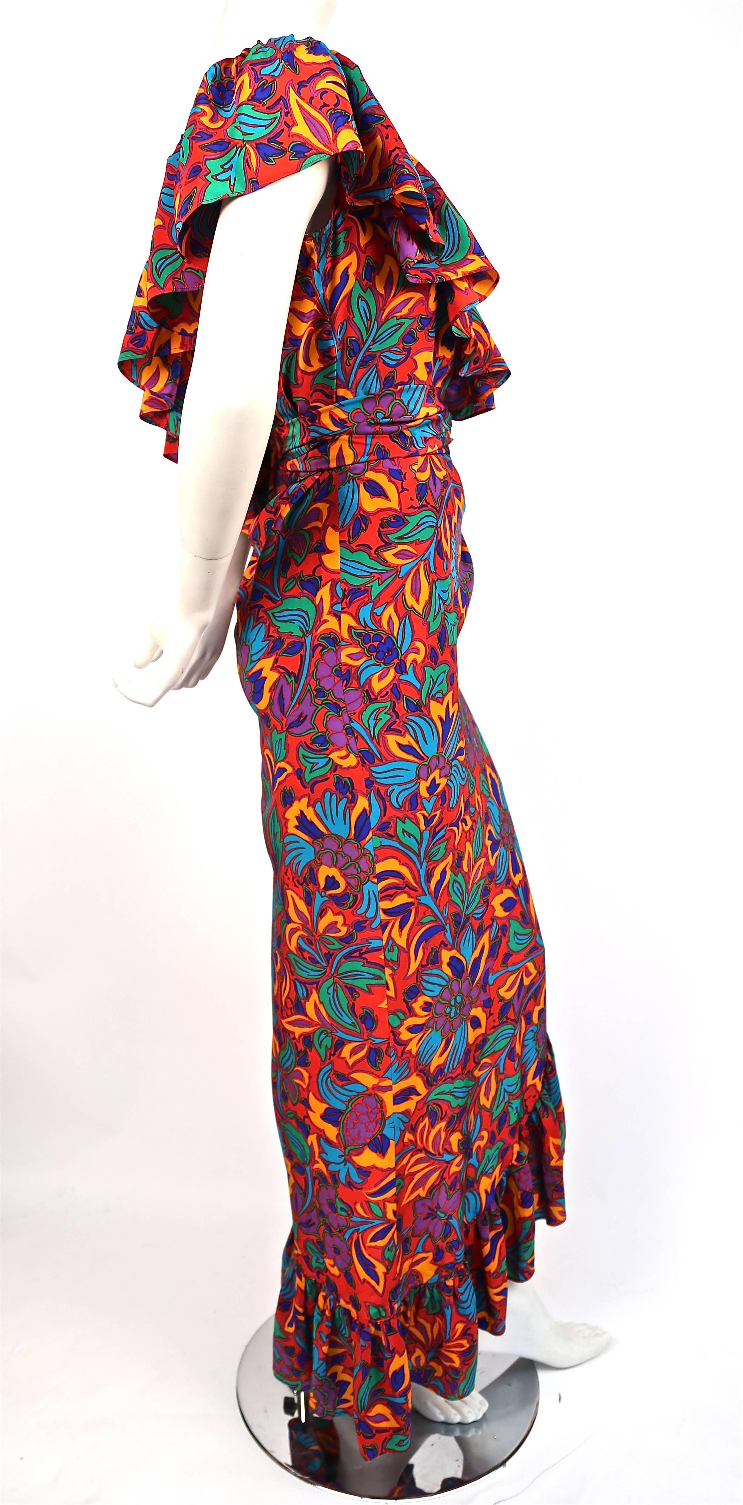 1970's YVES SAINT LAURENT floral silk asymmetrically ruffled dress In Good Condition In San Fransisco, CA