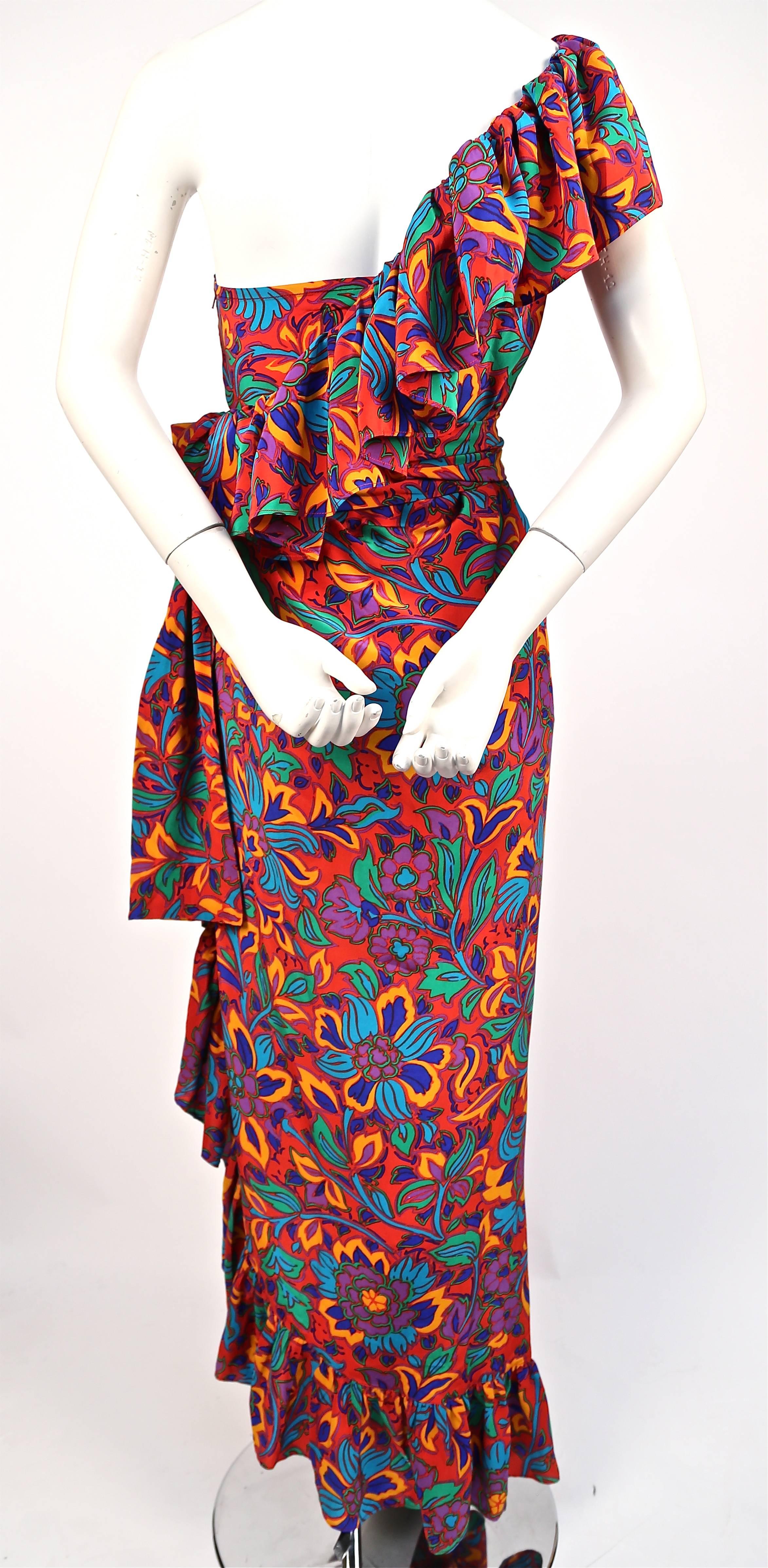 Women's or Men's 1970's YVES SAINT LAURENT floral silk asymmetrically ruffled dress
