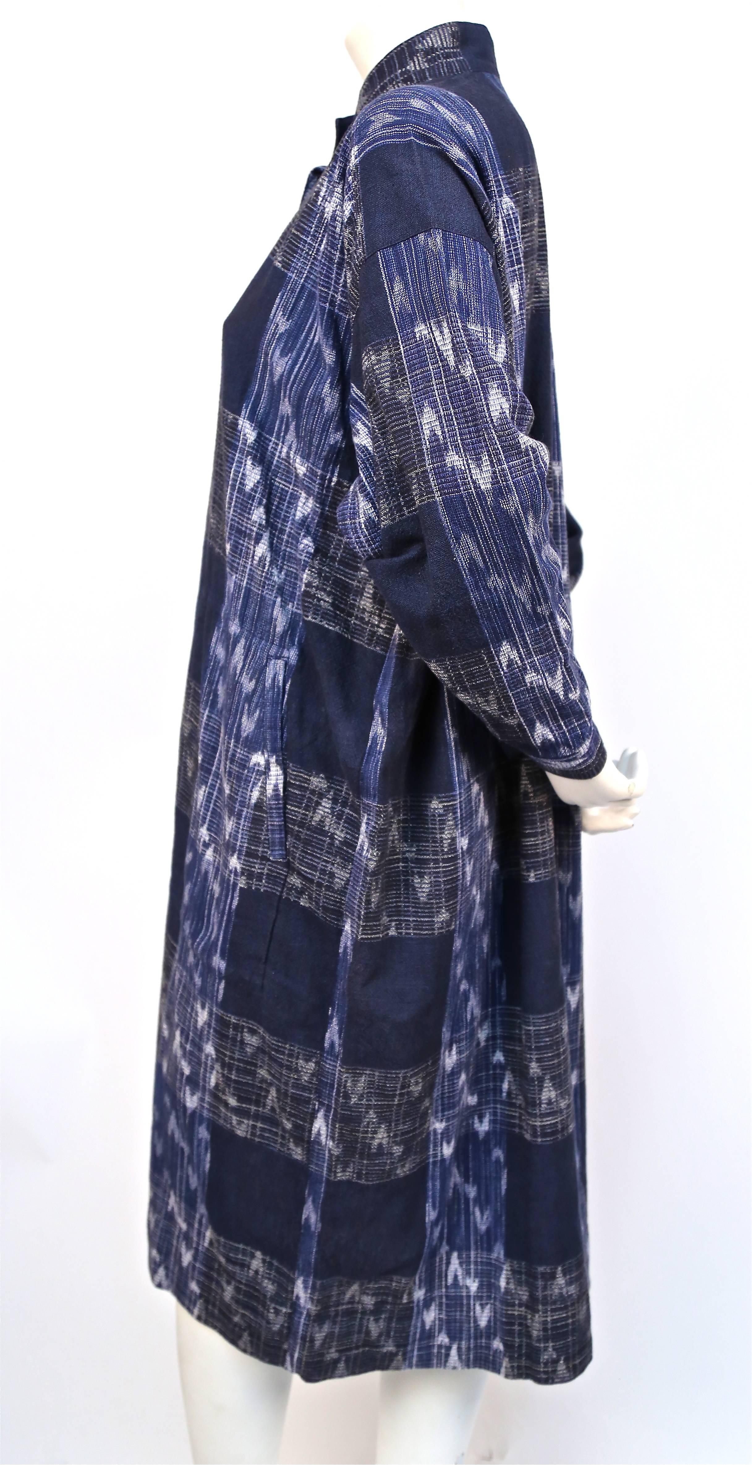 Purple 1980's ISSEY MIYAKE blue Ikat woven dress with wood buttons