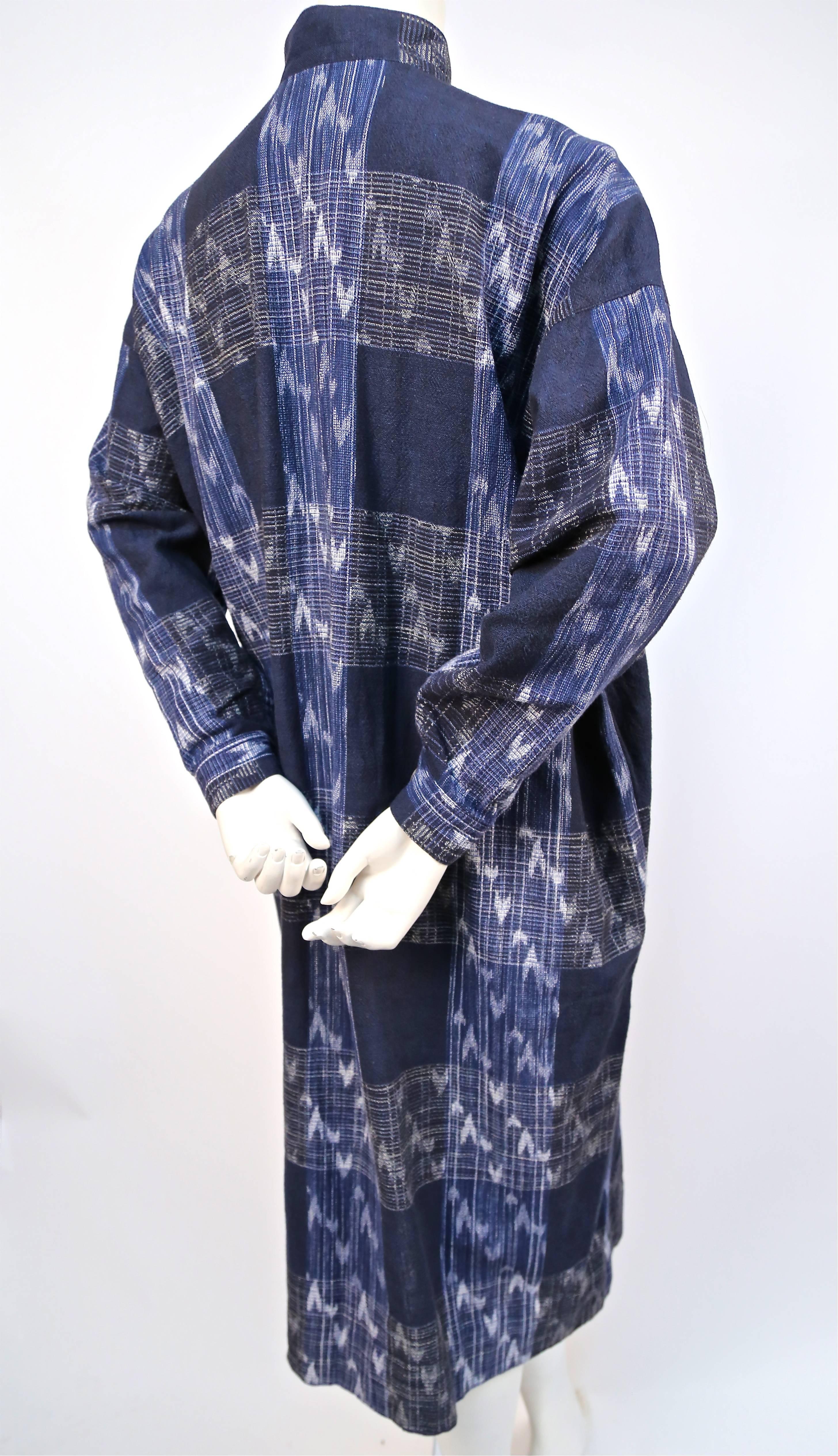 1980's ISSEY MIYAKE blue Ikat woven dress with wood buttons In Excellent Condition In San Fransisco, CA