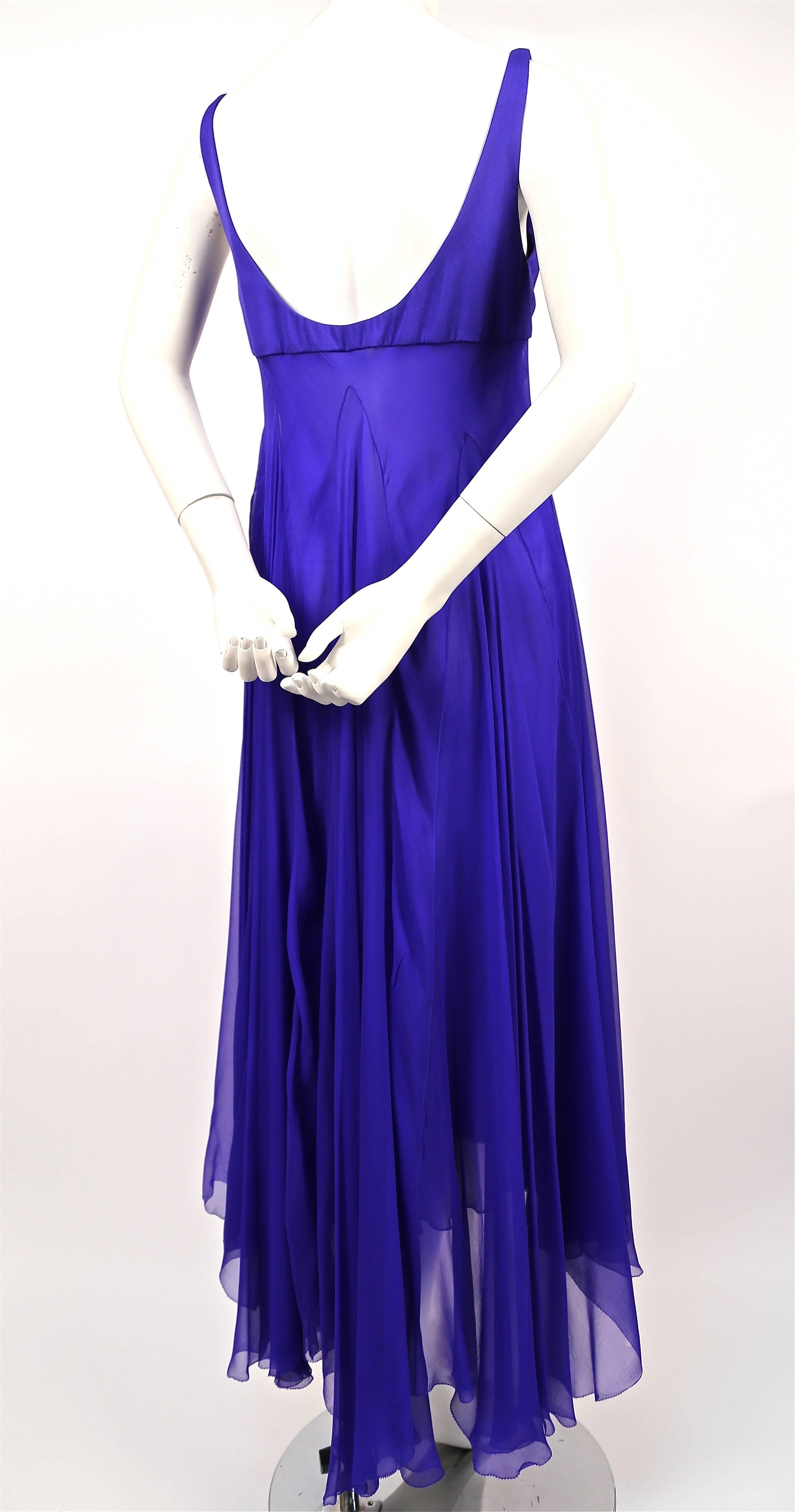 ALEXANDER MCQUEEN silk chiffon cobalt blue asymmetrical gown In Excellent Condition In San Fransisco, CA