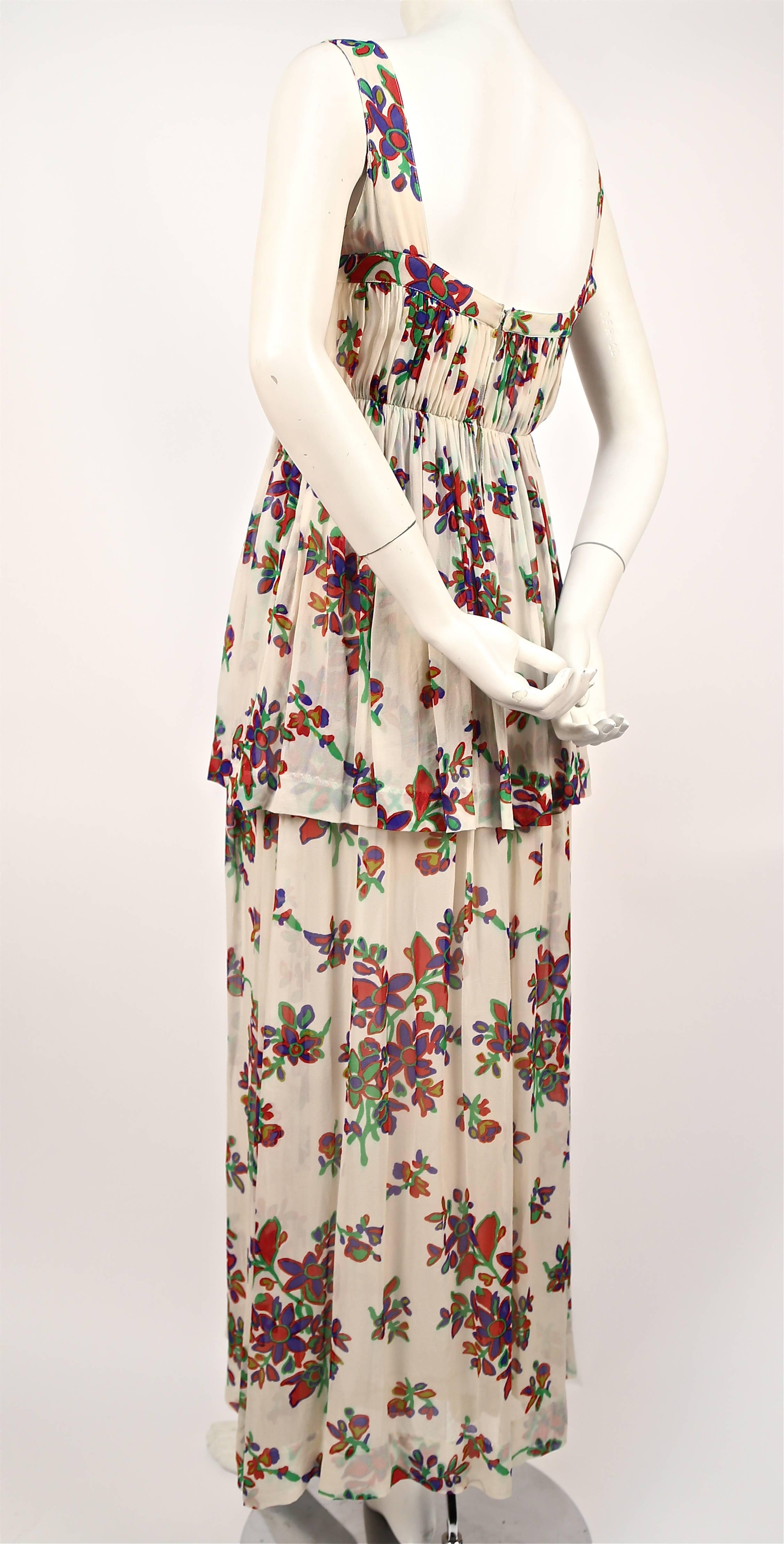 Beige 1970's YVES SAINT LAURENT floral silk chiffon long summer dress