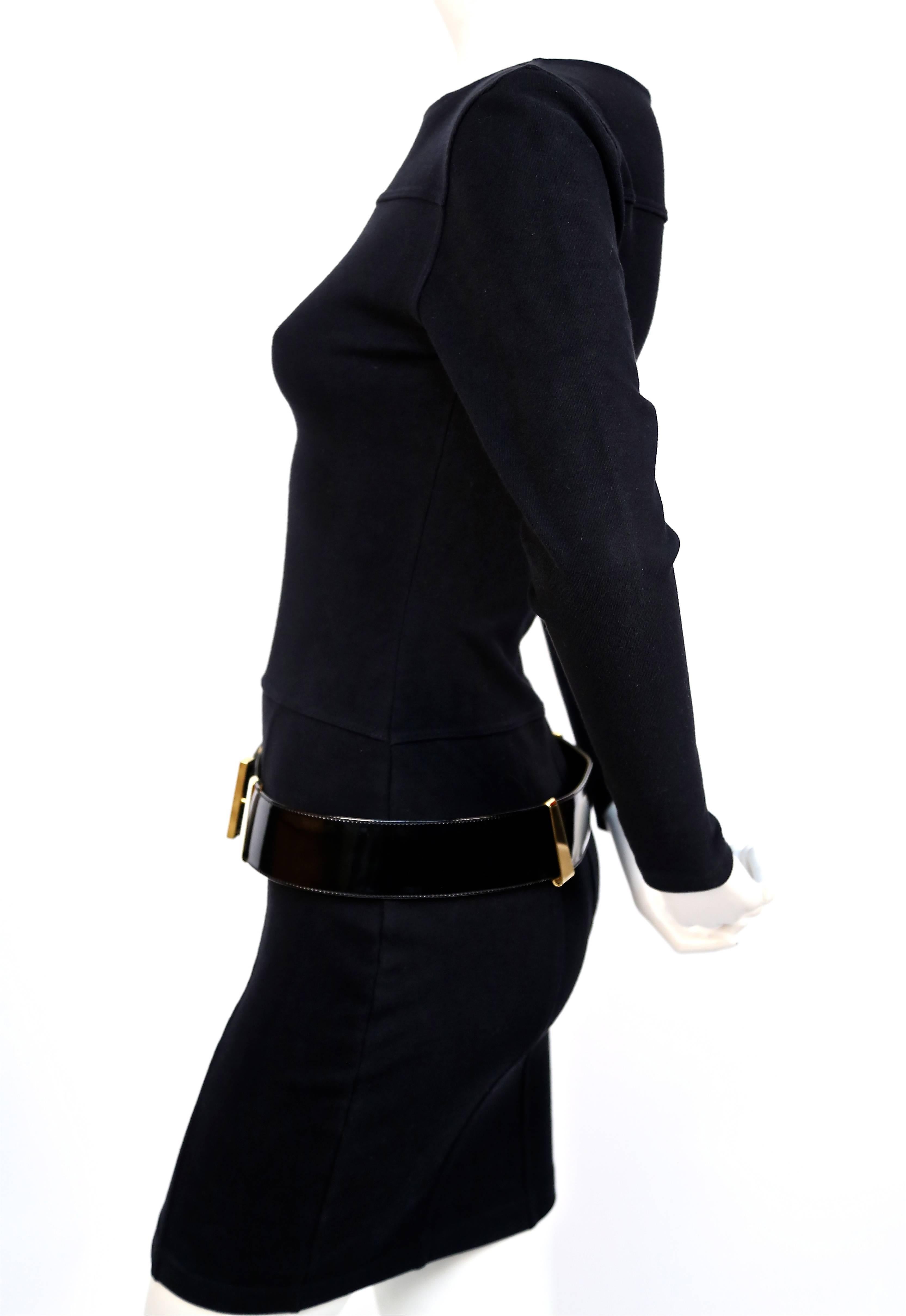 Black 90's CLAUDE MONTANA black dress with gold hardware & black patent leather belt