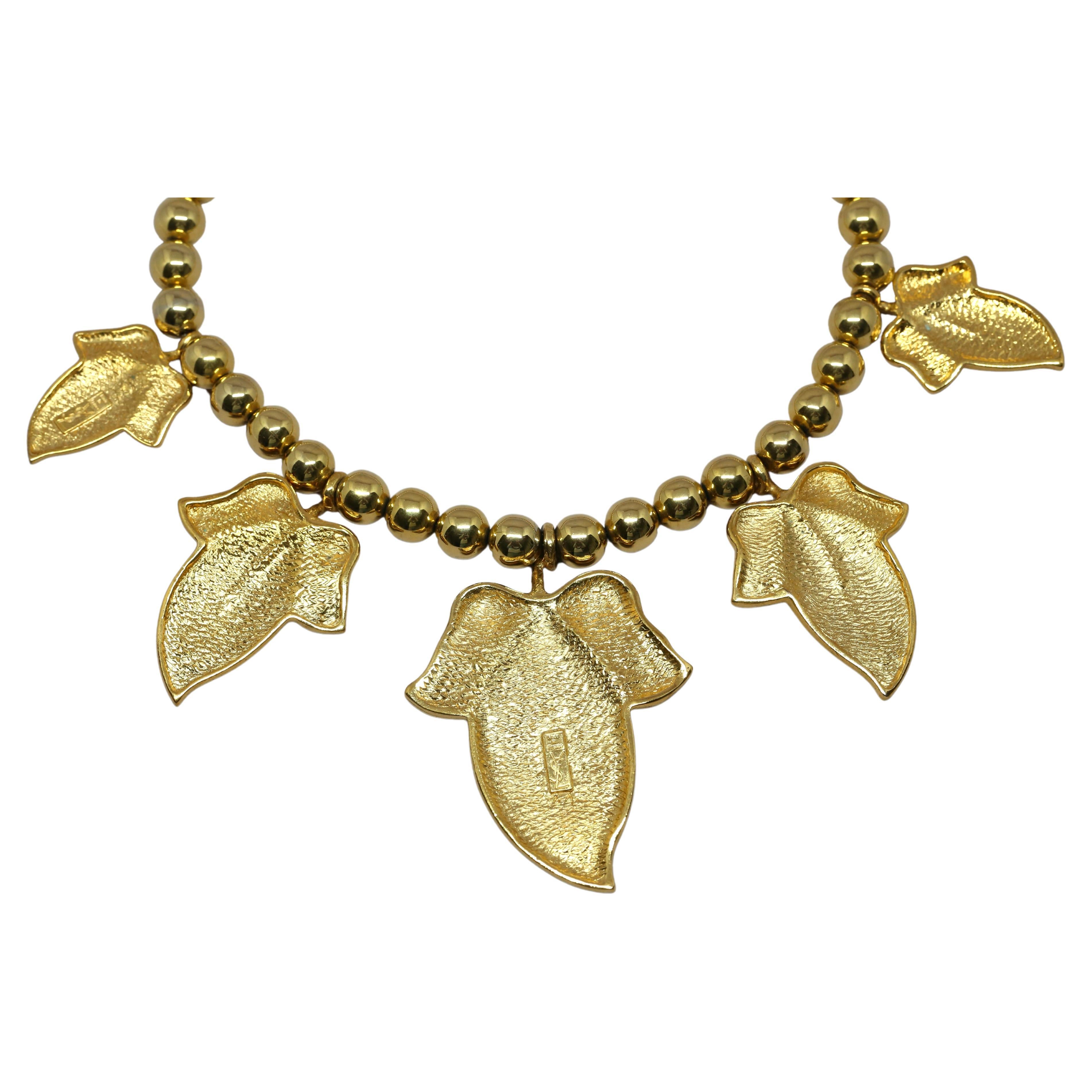 Women's or Men's 1990's YVES SAINT LAURENT oversized hammered gilt leaf necklace  For Sale