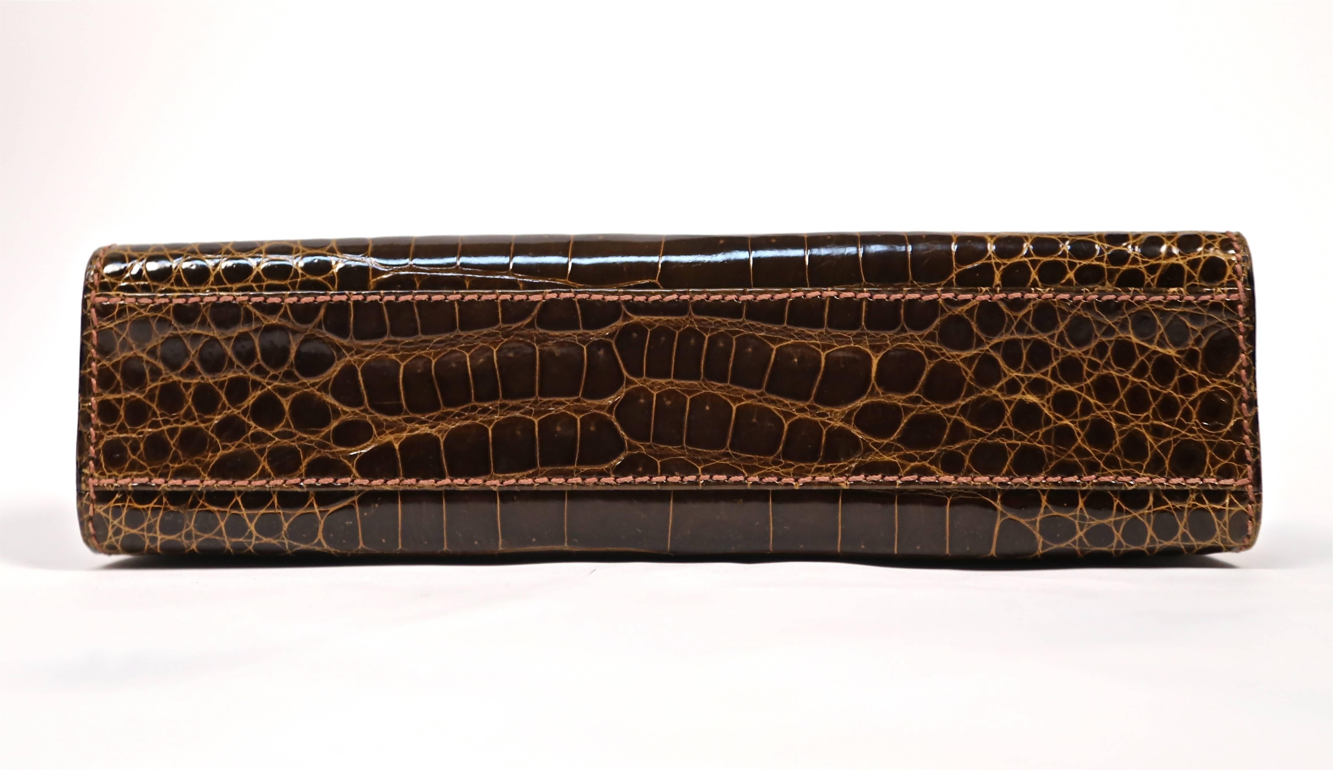Black 1960's LOEWE brown crocodile leather top handle bag with gilt hardware