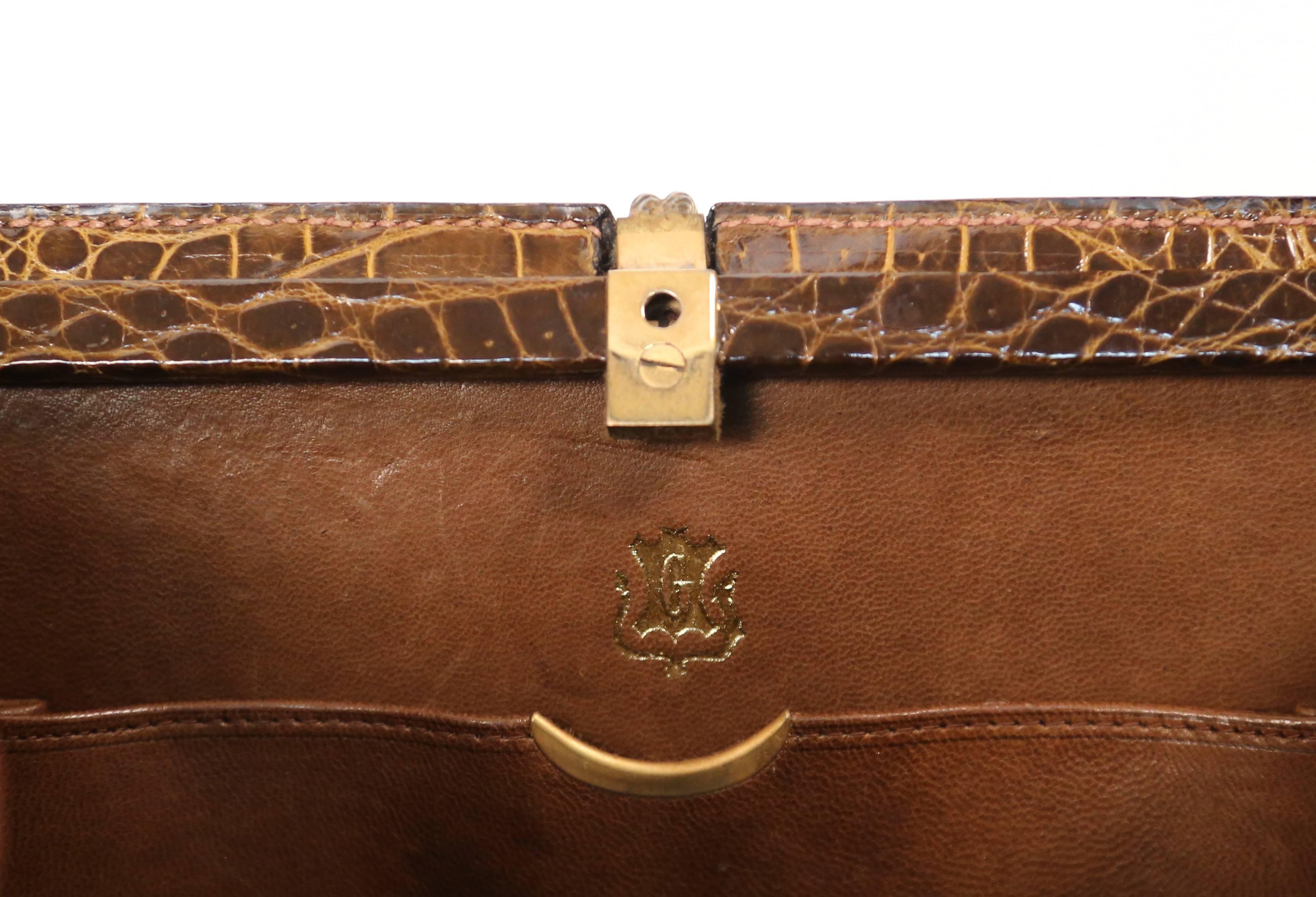 1960's LOEWE brown crocodile leather top handle bag with gilt hardware 2