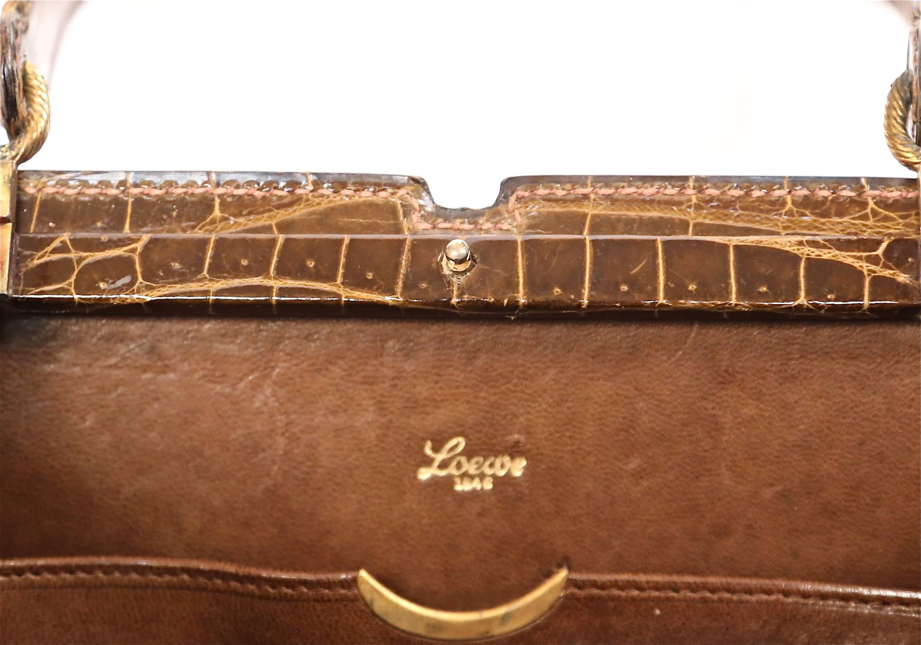 1960's LOEWE brown crocodile leather top handle bag with gilt hardware 3