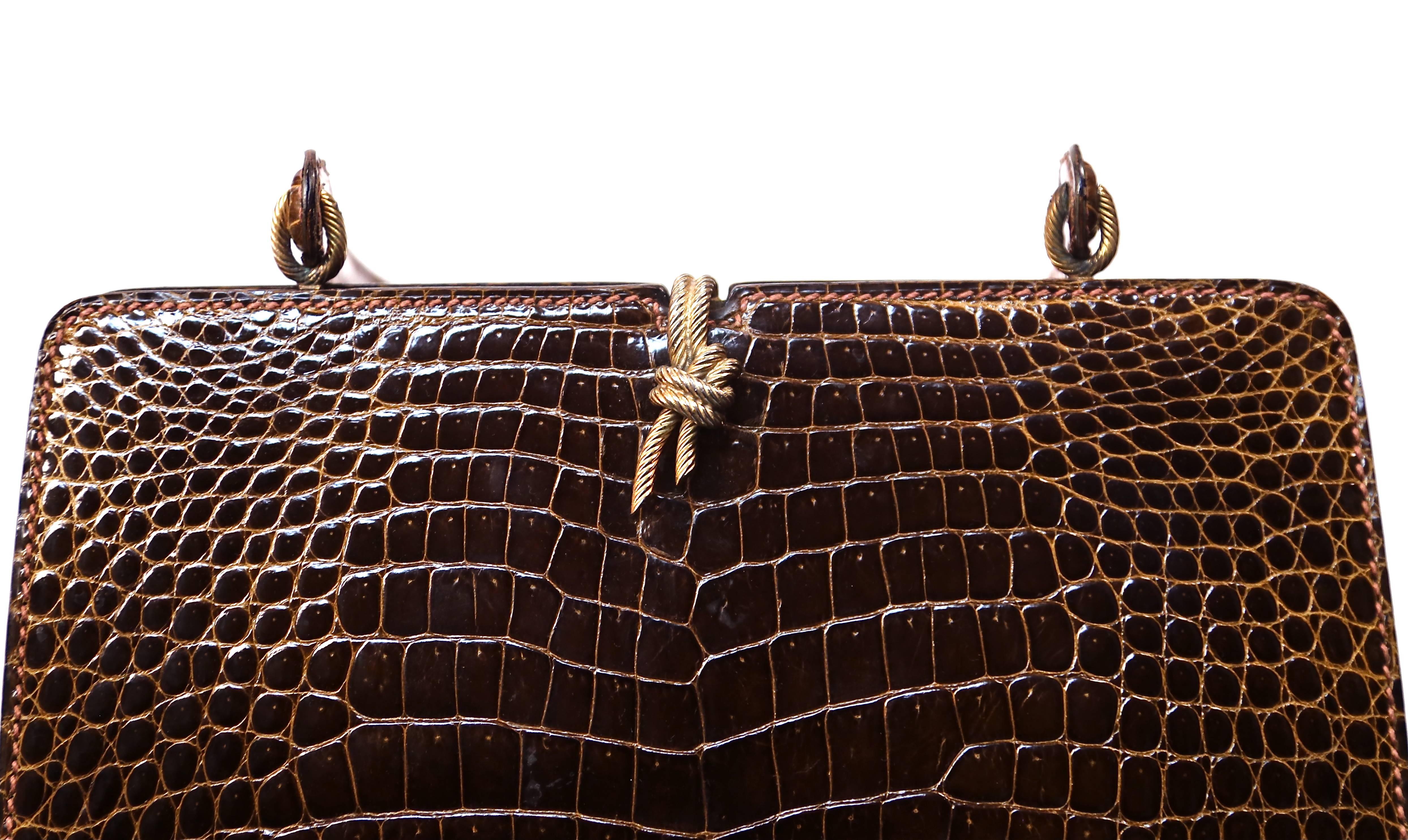 1960's LOEWE brown crocodile leather top handle bag with gilt hardware 1