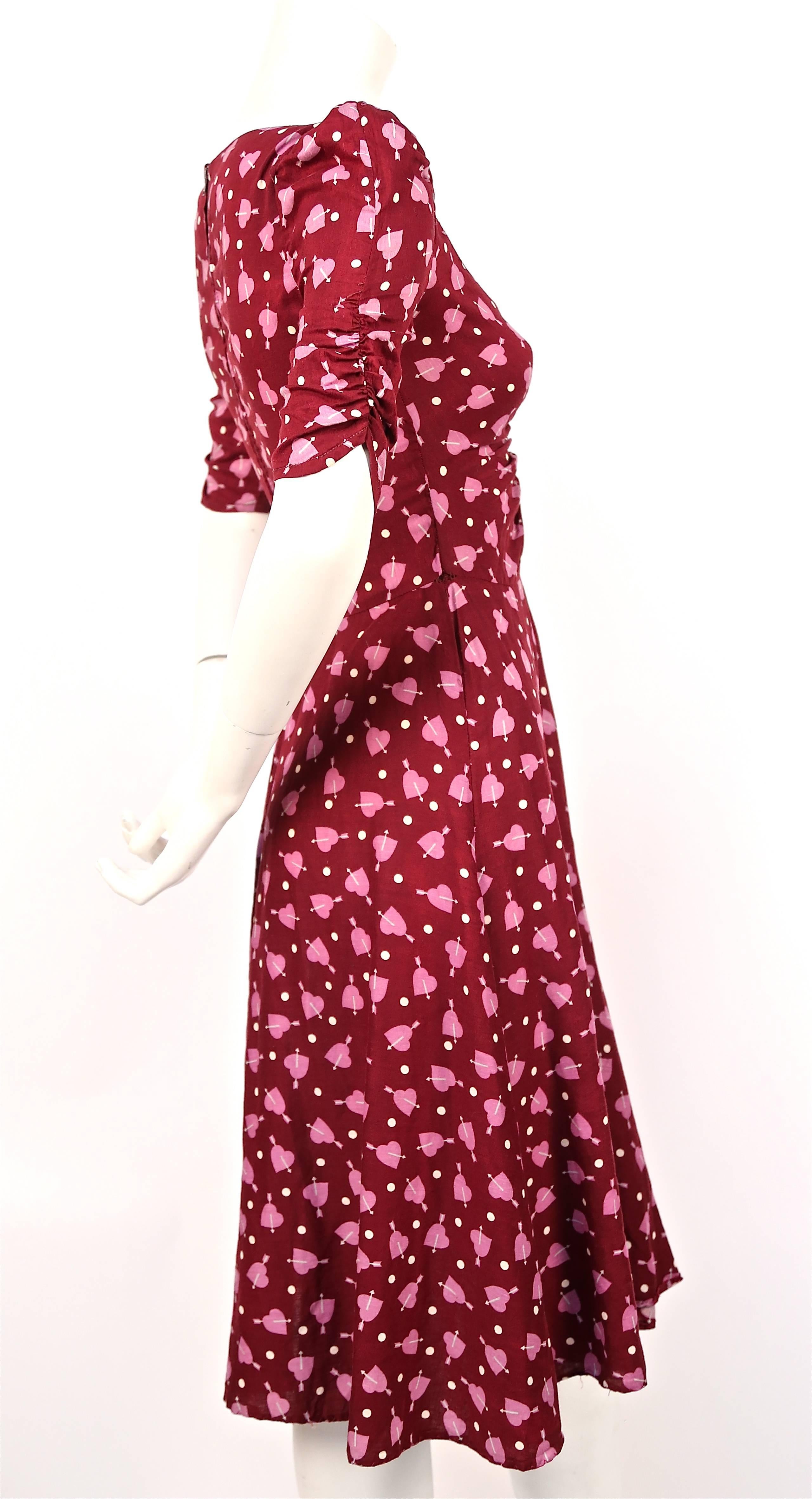Red 1970's BIBA heart & arrow printed cotton dress
