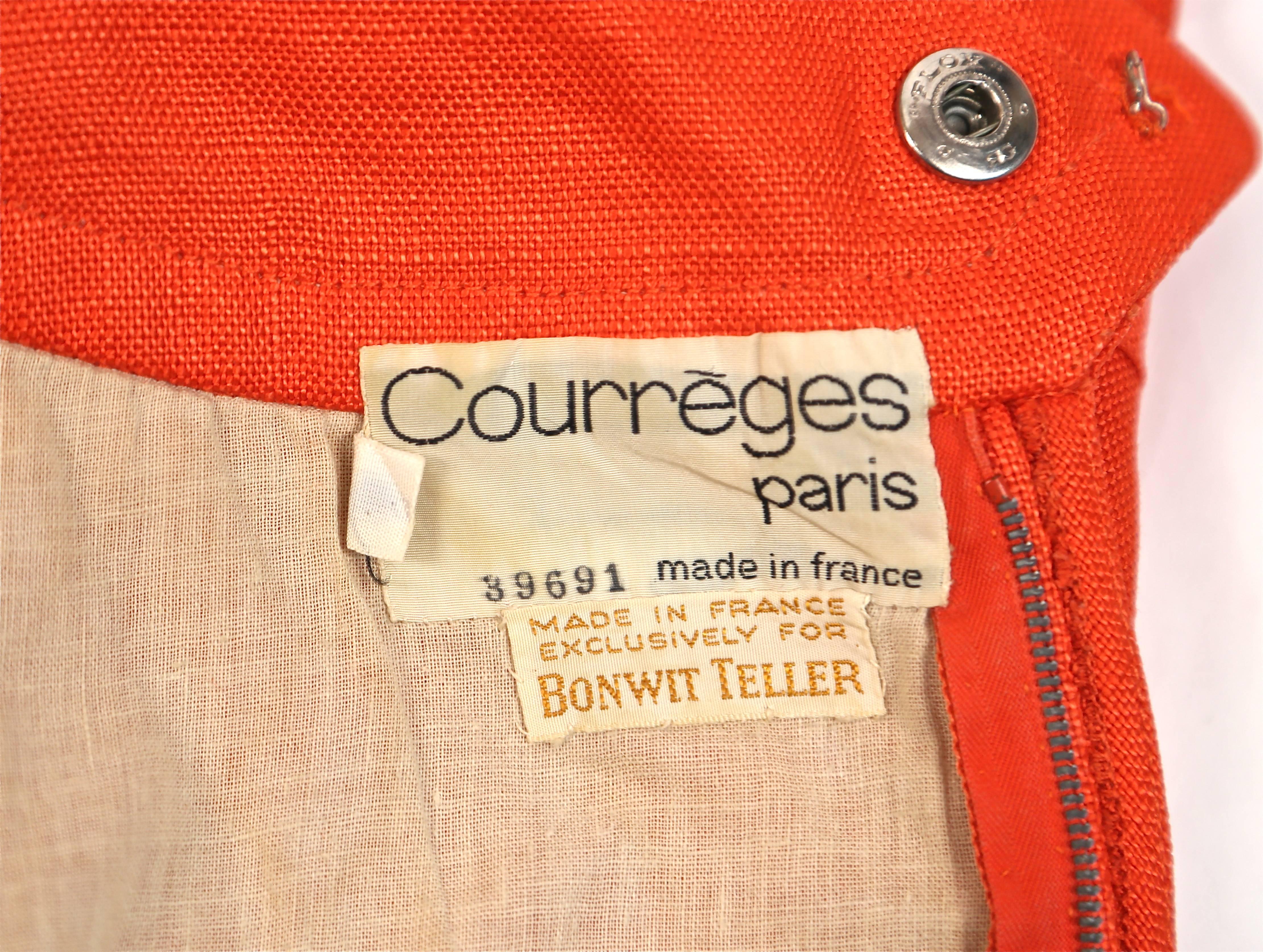 Women's or Men's very rare 1960's COURREGES tangerine linen haute couture dress
