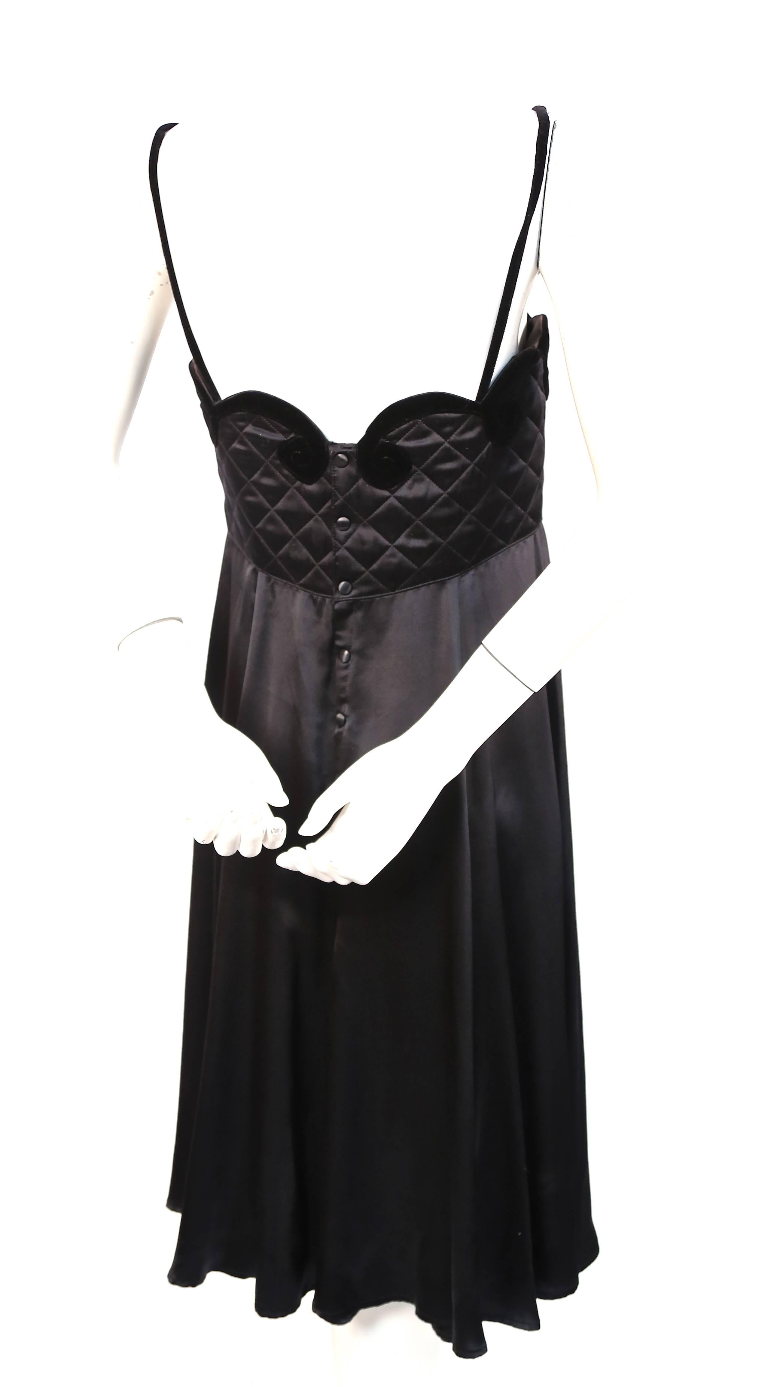 1992 THIERRY MUGLER jet black silk charmeuse gown with quilted velvet bustier In Good Condition In San Fransisco, CA