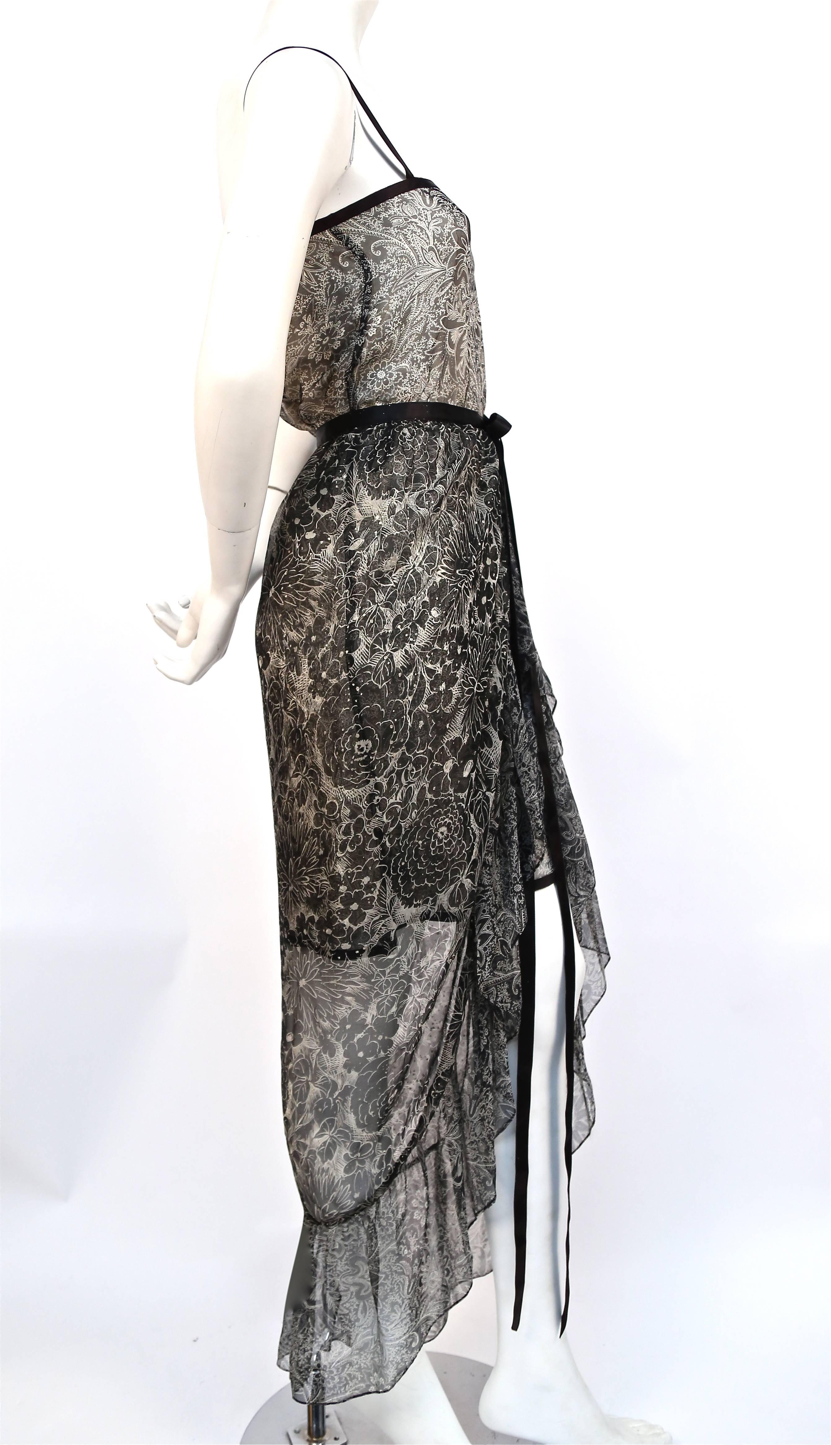 Black 1978 YVES SAINT LAURENT silk chiffon dress & skirt with metallic floral motif