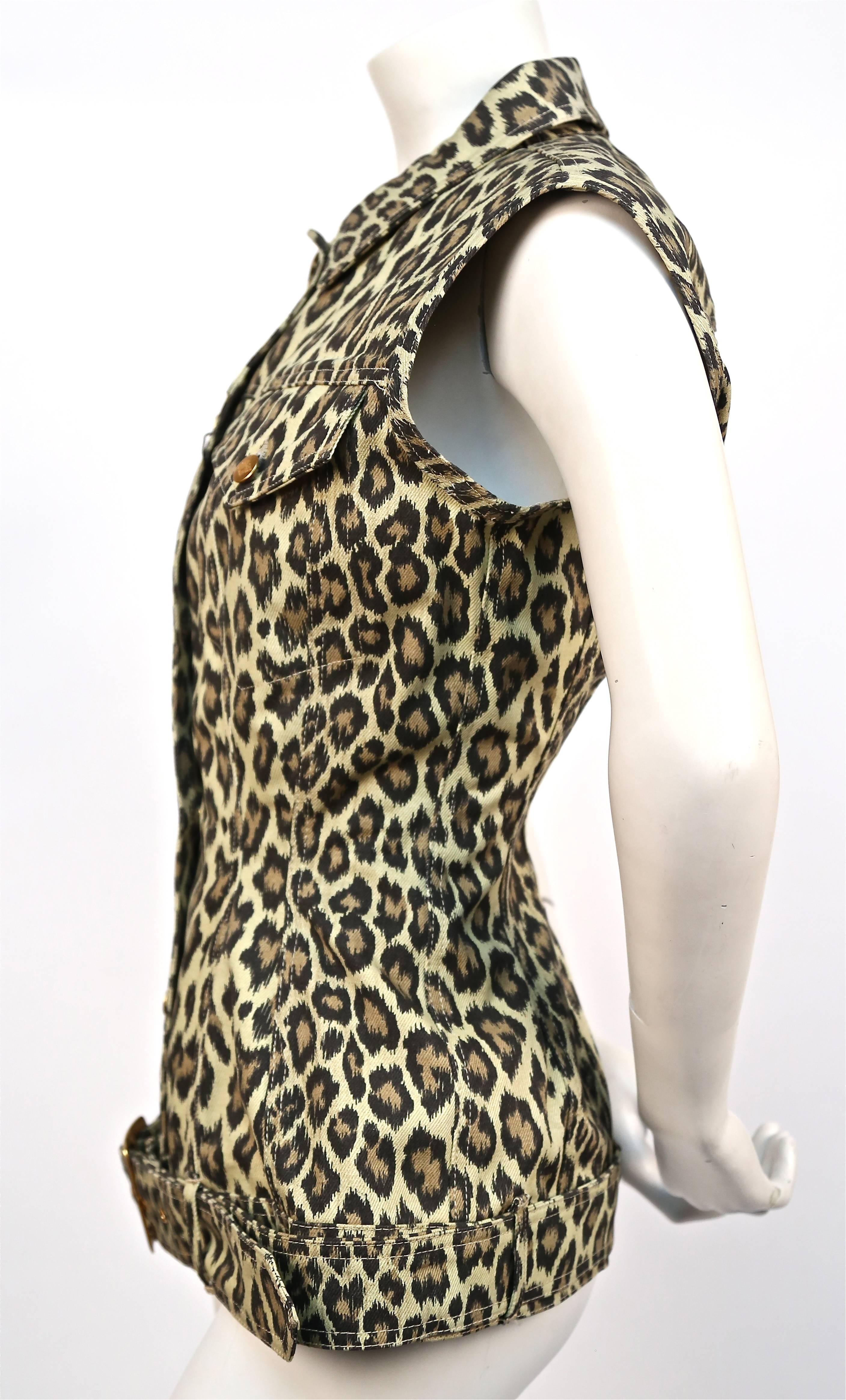 Very rare leopard printed denim corset jacket from Jean Paul Gaultier Junior dating to the 1988. Labeled an Italian size 44. Jacket measures approximately 37
